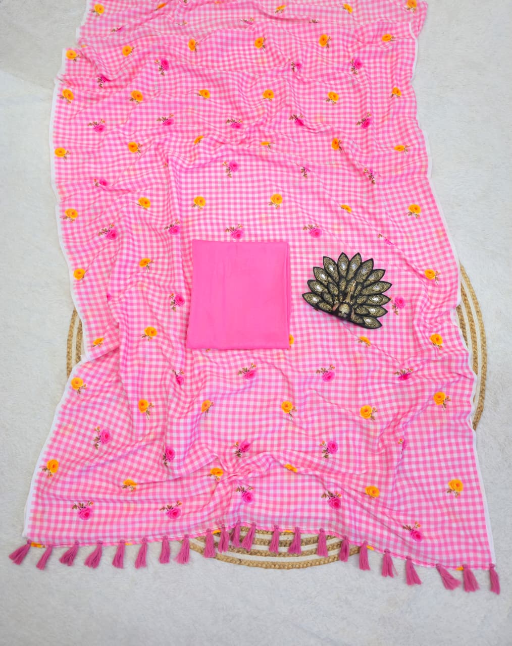 Mull cotton checks floral printed saree
