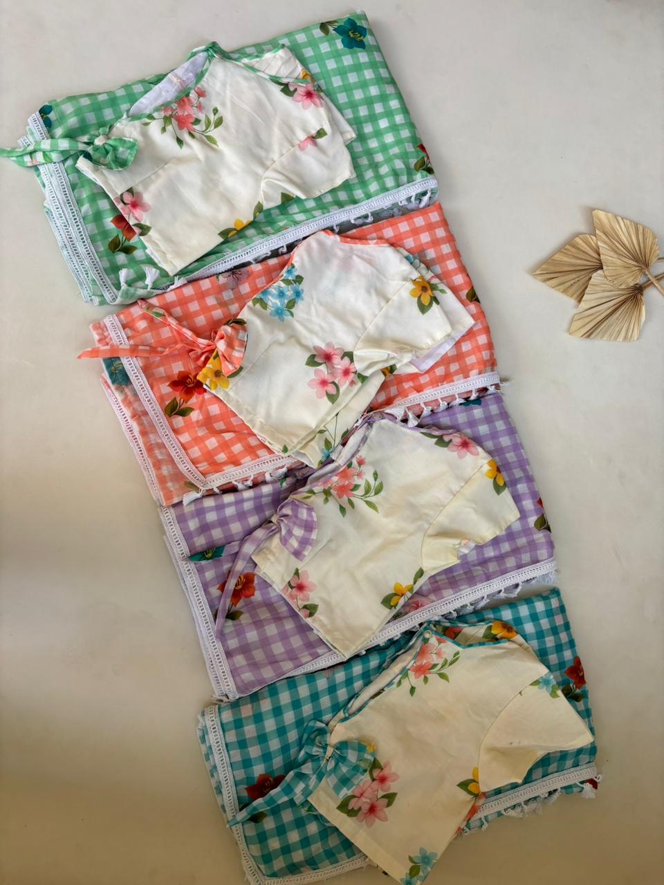 Mull cotton floral printed checks saree with stitched blouse