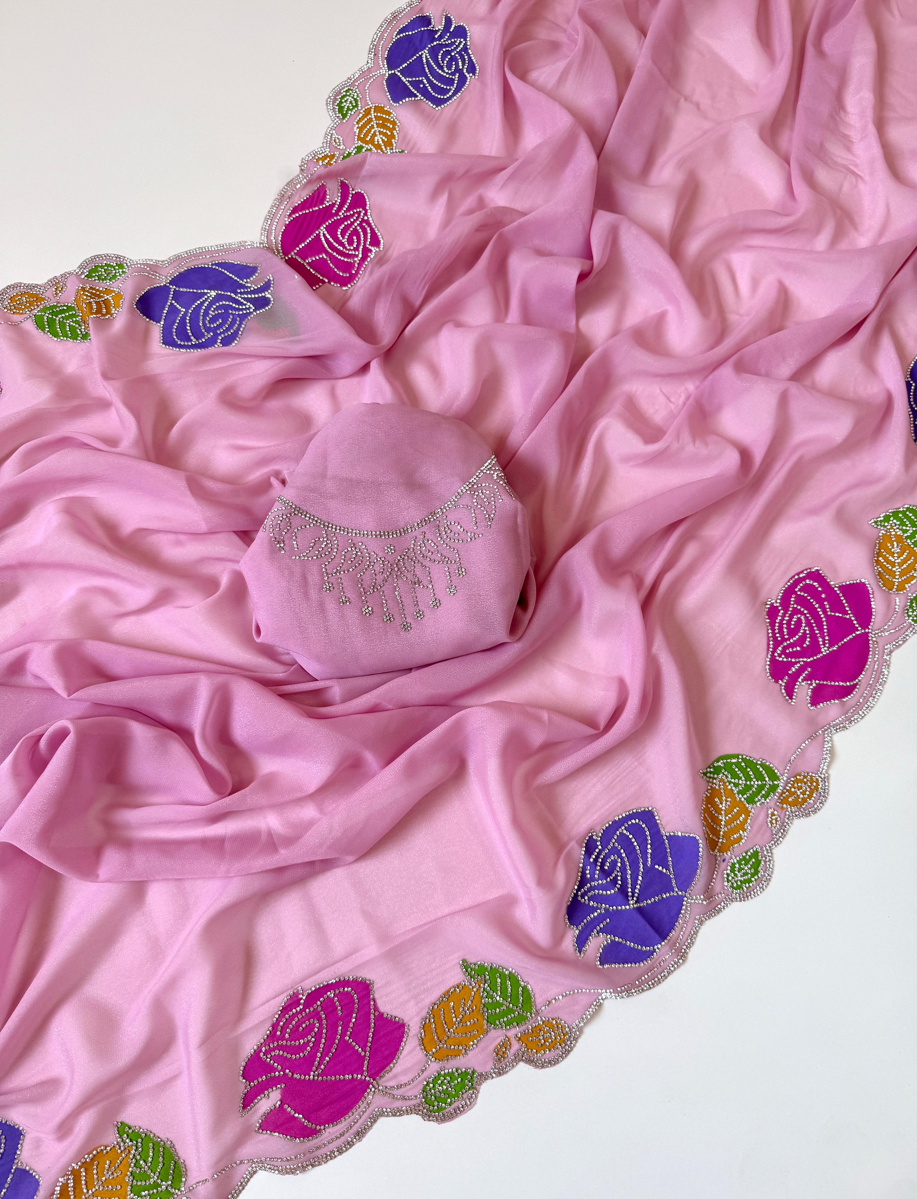 Star georgette hand painted Rose  jarkhana work saree
