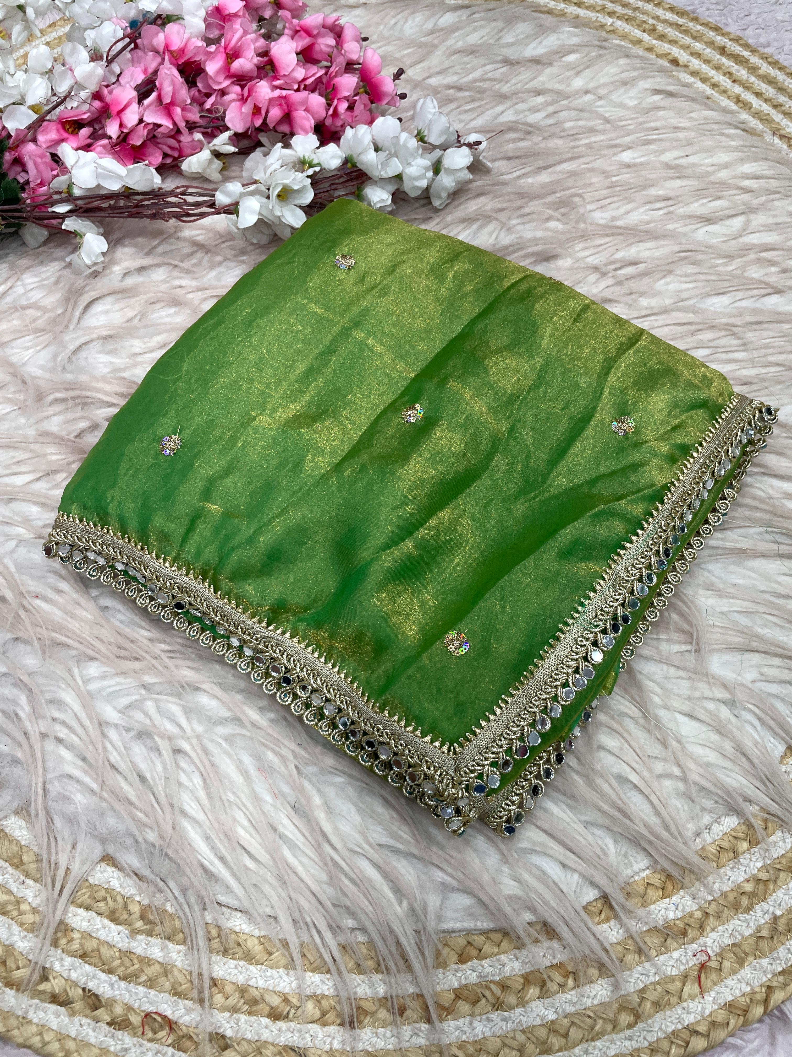 Fandy satin mirror work lace border saree