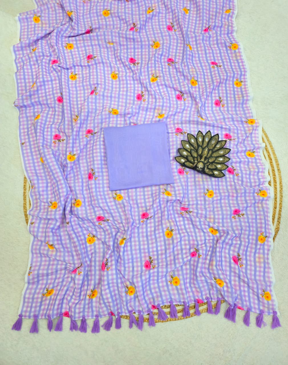 Mull cotton checks floral printed saree