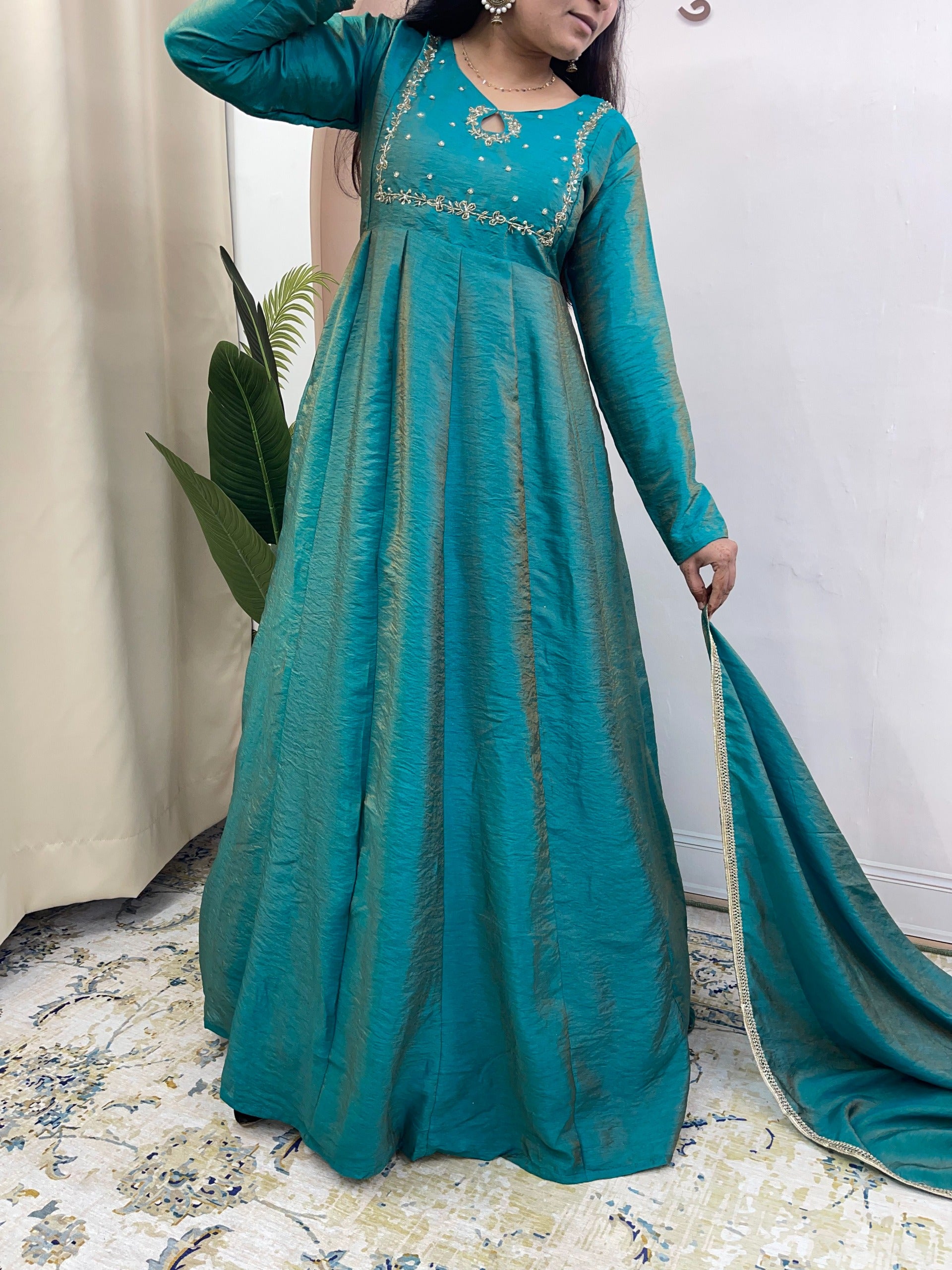 vichithra silk hand work gown with duppatta