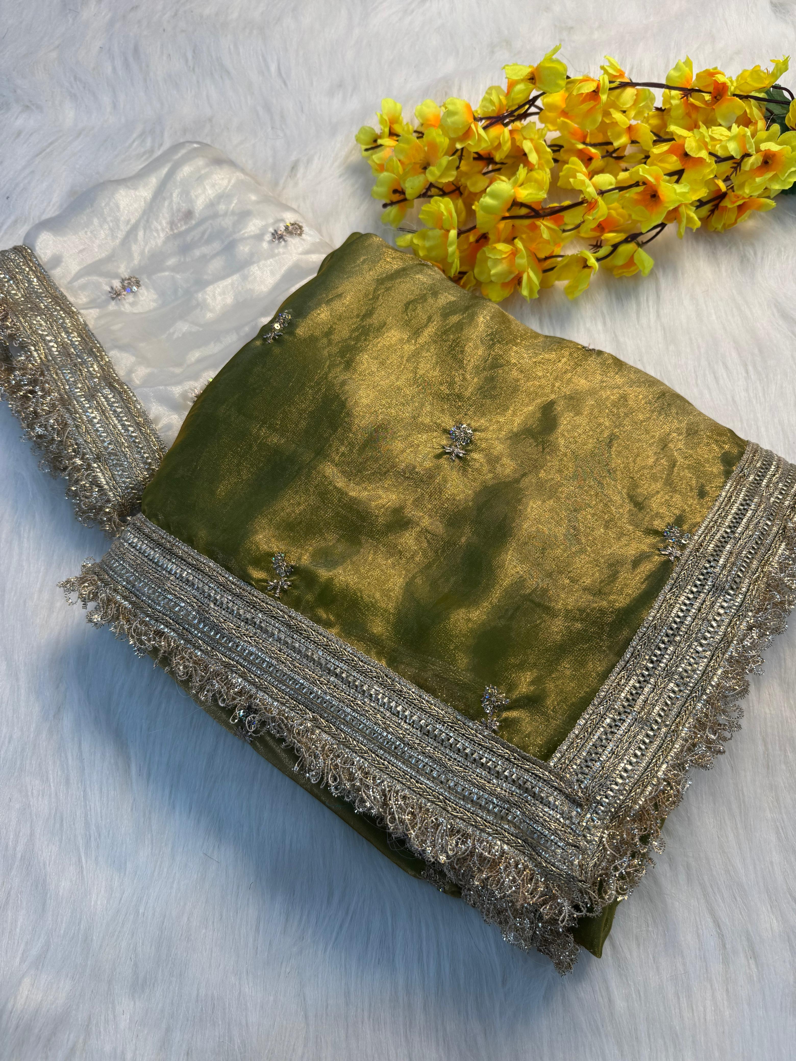 Fendy satin embroidery buti saree with sabhyasachi lace