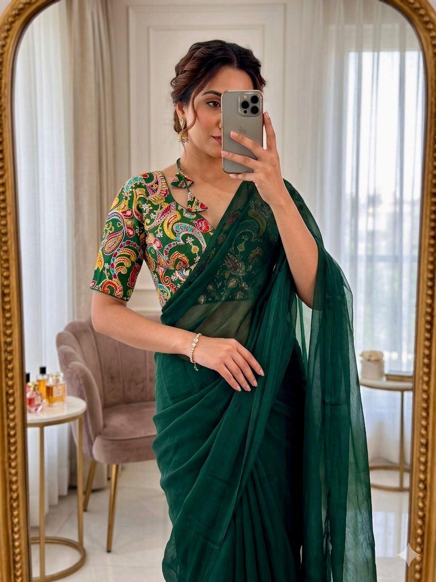 Space satin saree with position work blouse