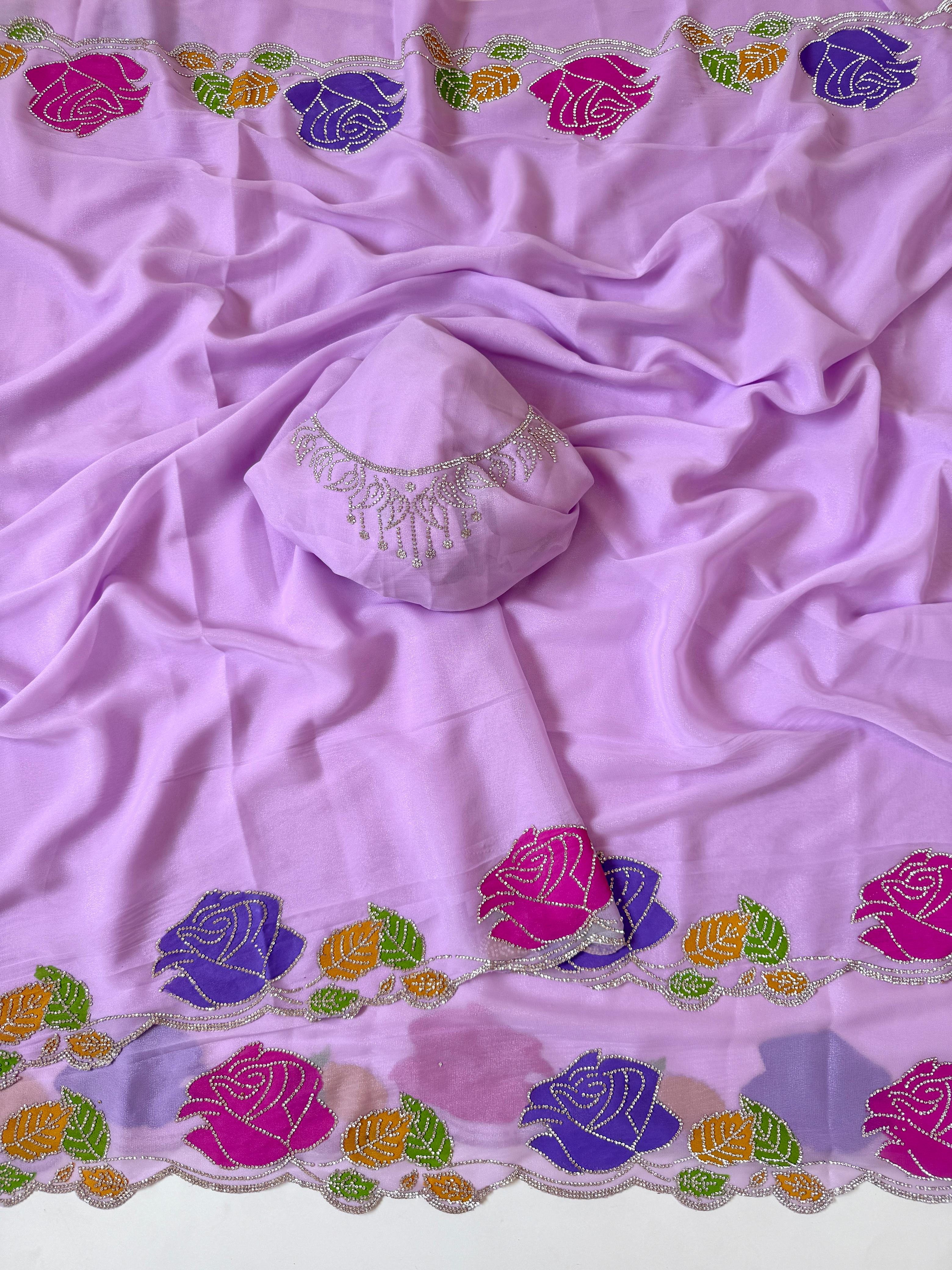 Star georgette hand painted Rose  jarkhana work saree