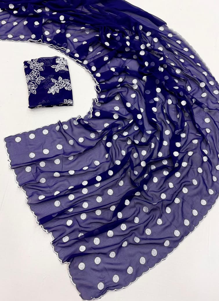 polka dot thread work scalp border saree