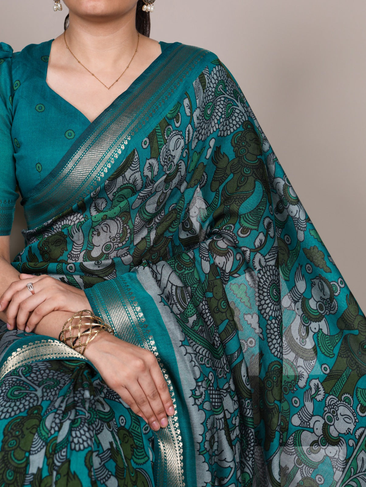 Elegant Kalamkari inspired print chenderi saree