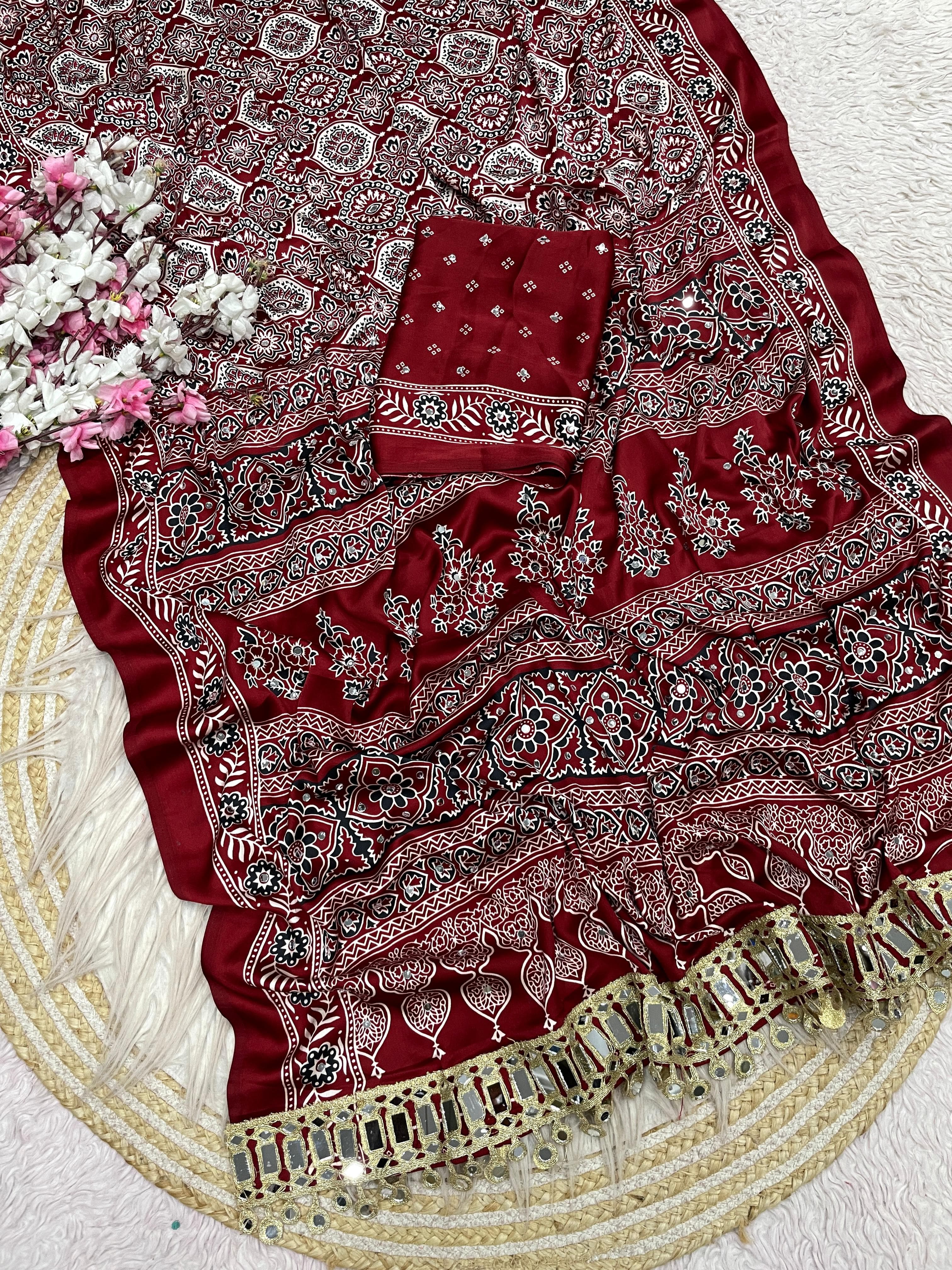 Ajrak satin viscose silk saree ✨