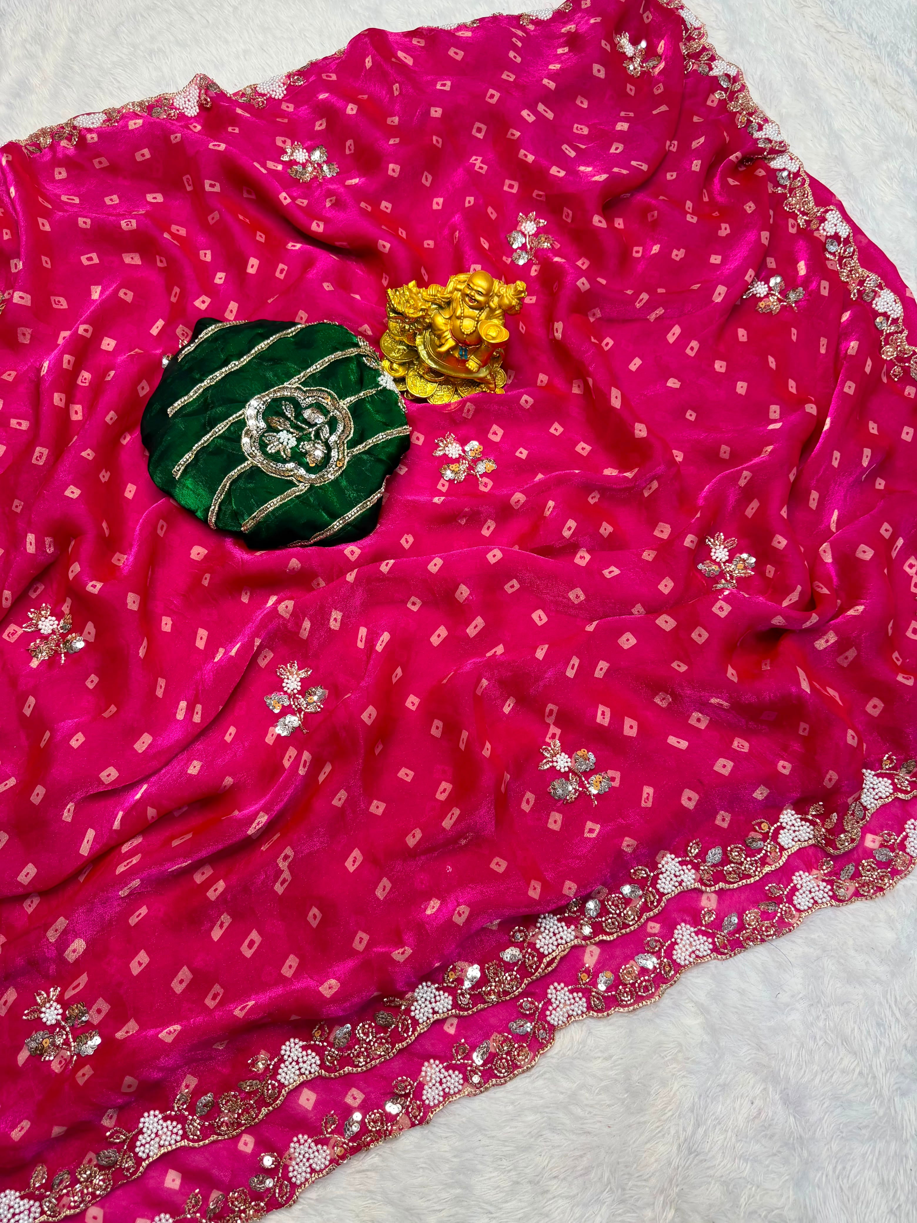 Sakhi space silk bandhini print saree with beeds pearl work ✨