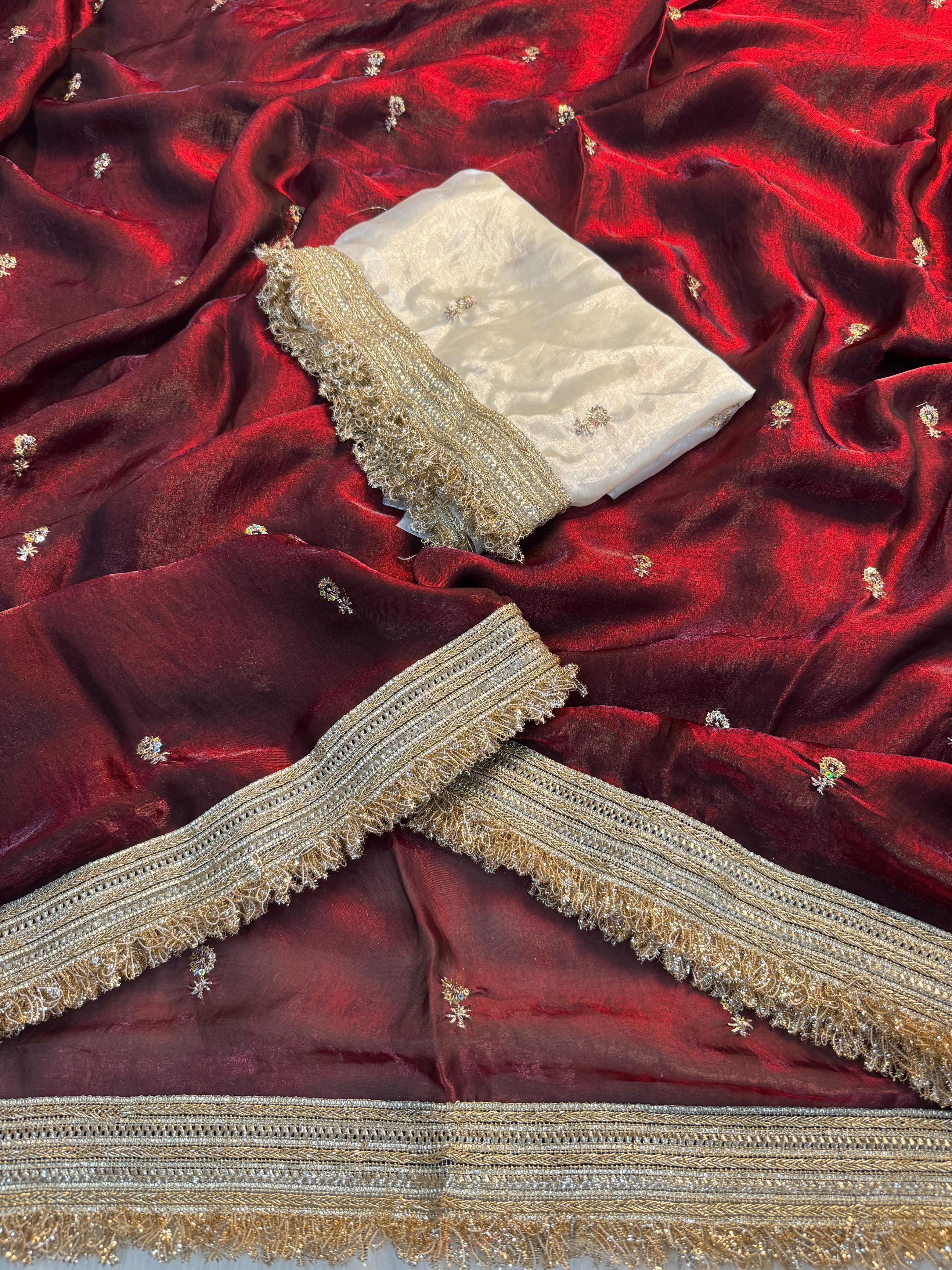 Fendy satin embroidery buti saree with sabhyasachi lace