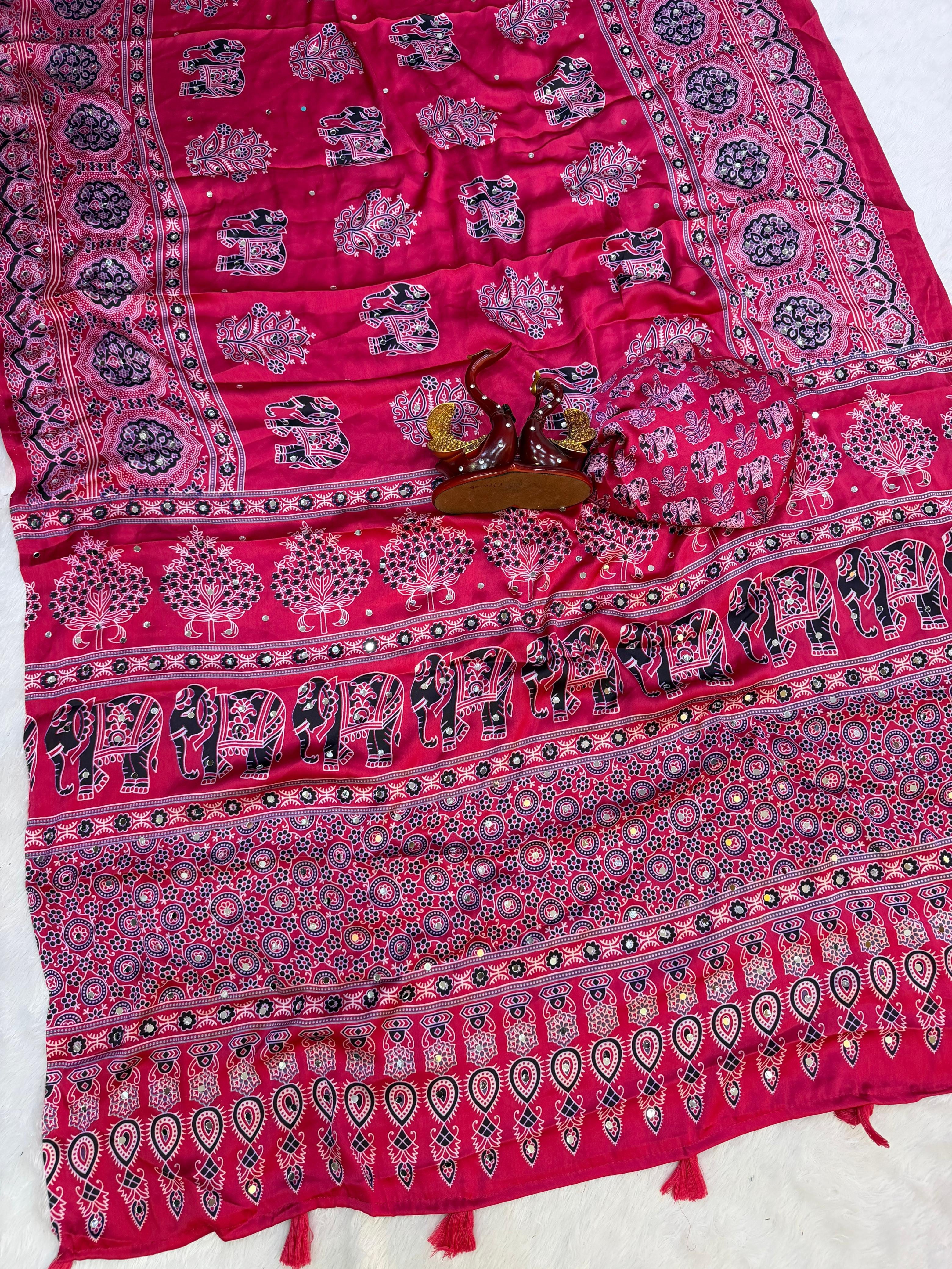 Japan satin beautiful Ajarakh print mirror work saree ✨