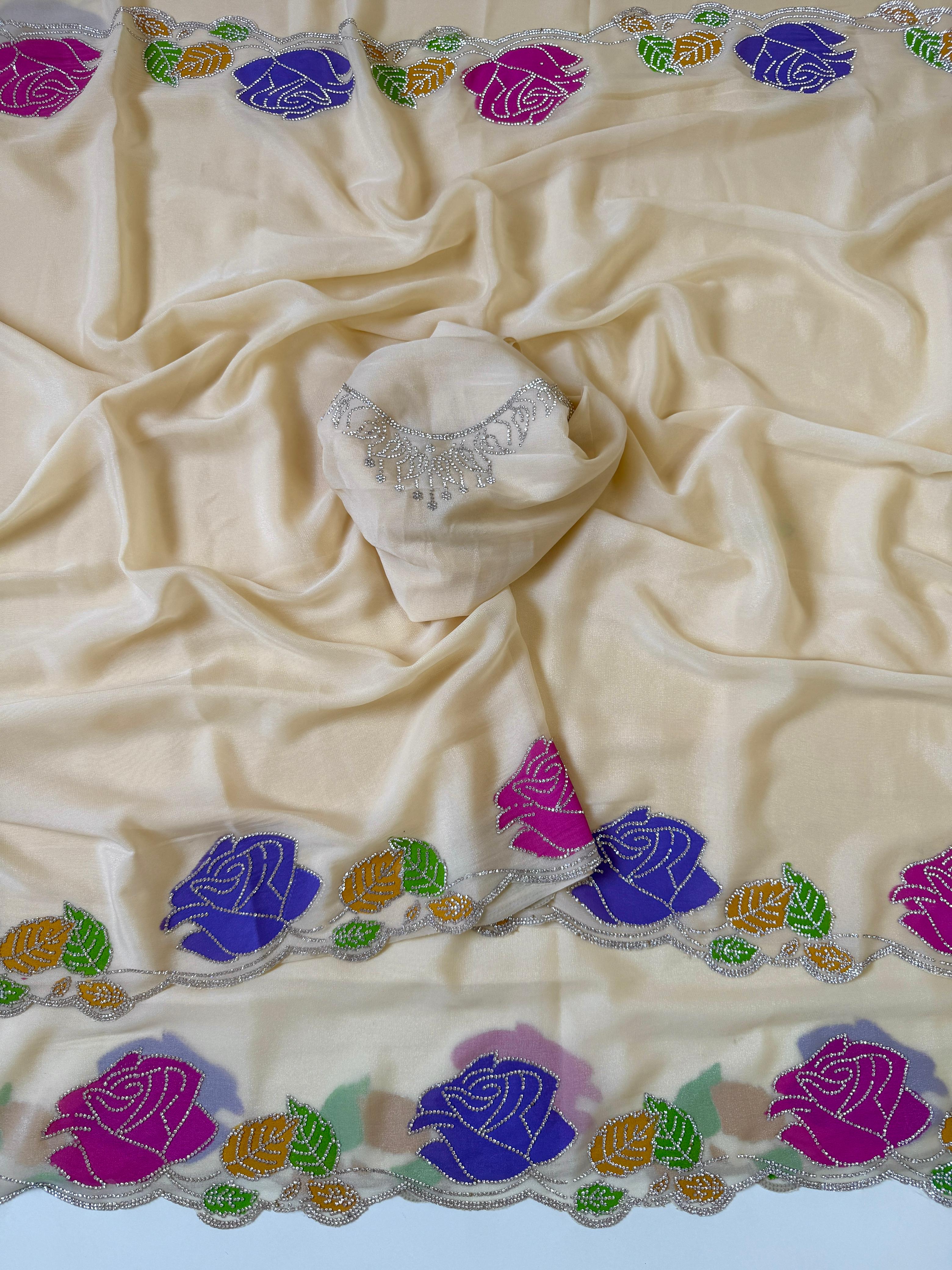 Star georgette hand painted Rose  jarkhana work saree