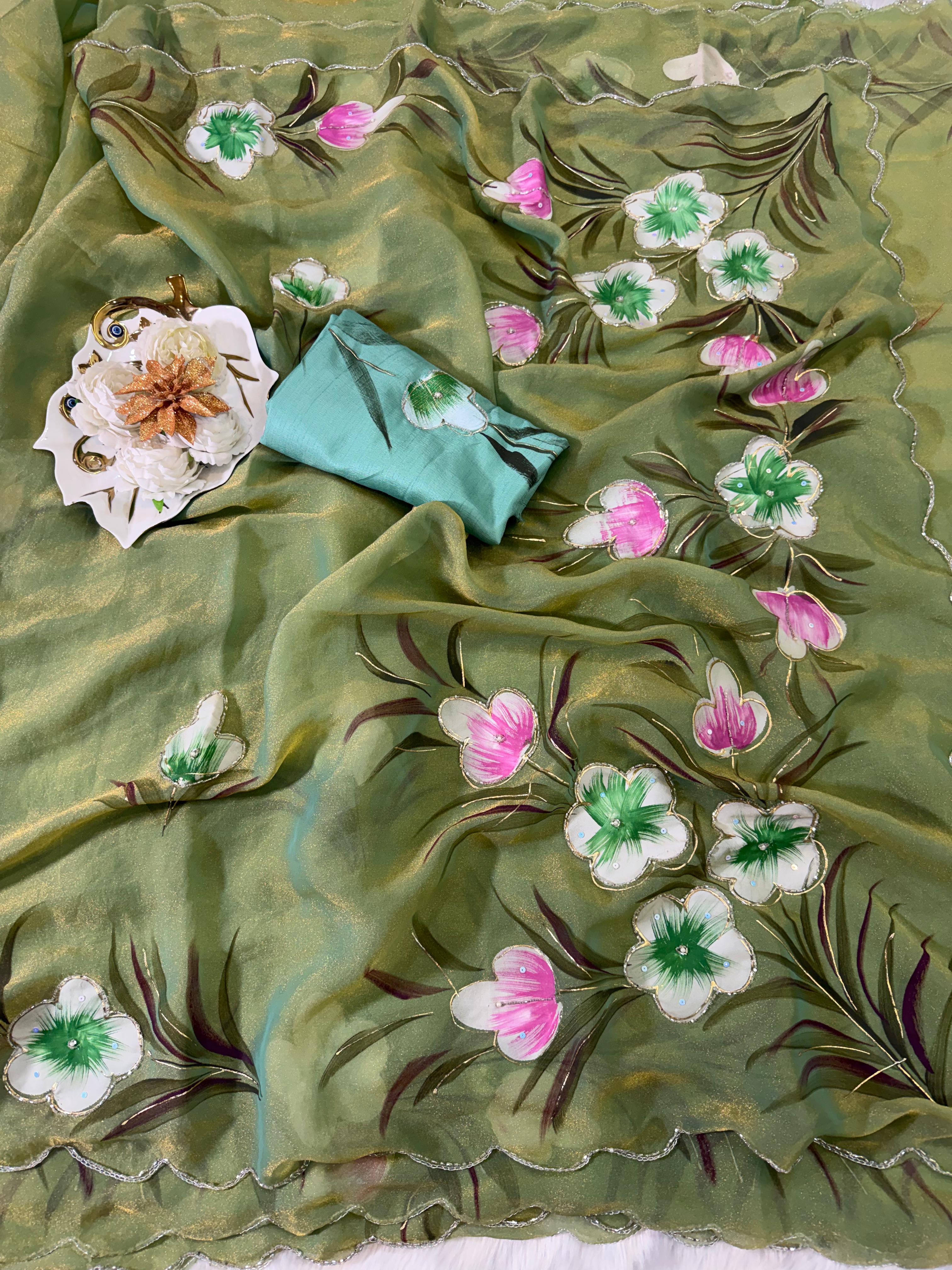 Moss shiffon hand brush flower paint saree