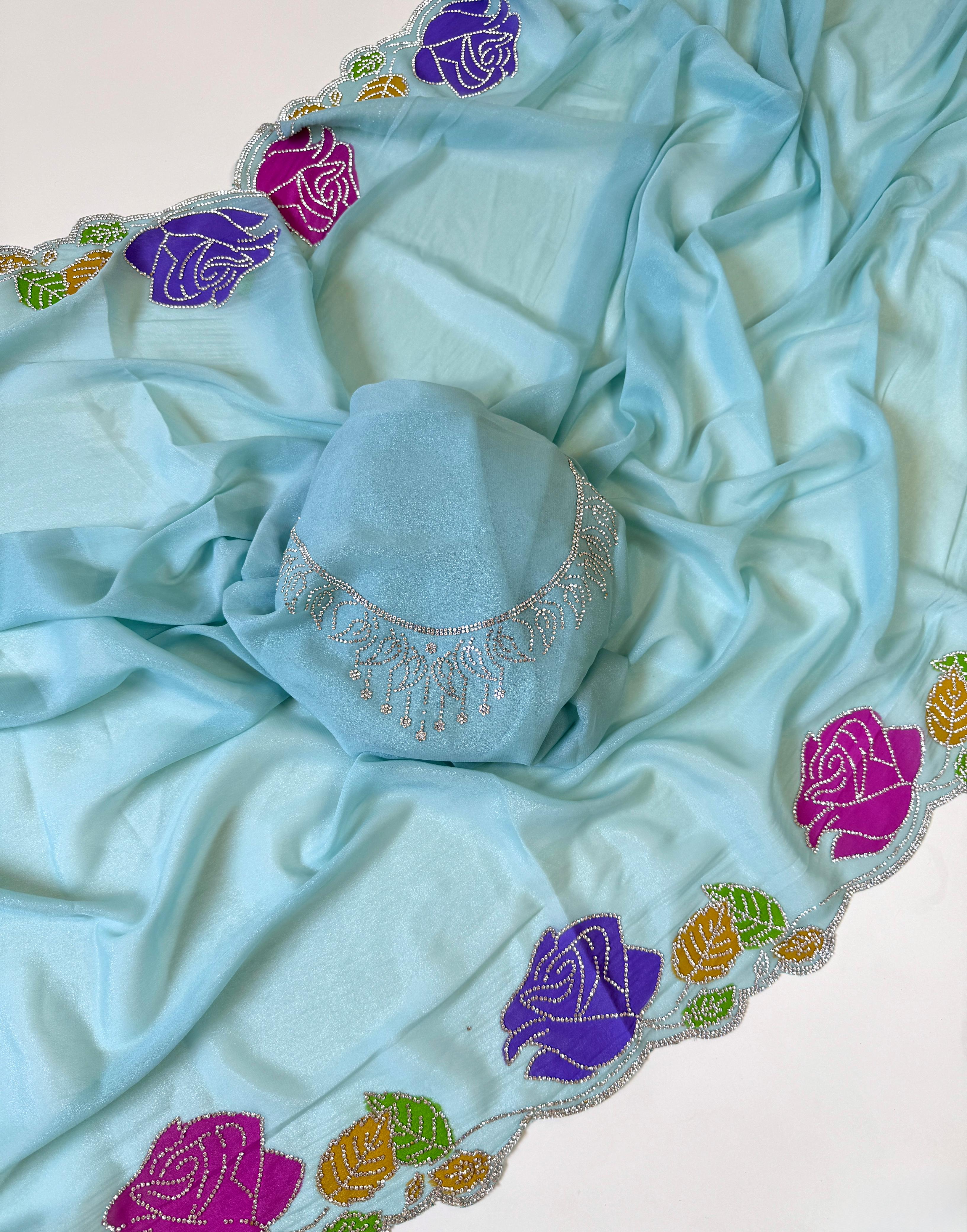 Star georgette hand painted Rose  jarkhana work saree
