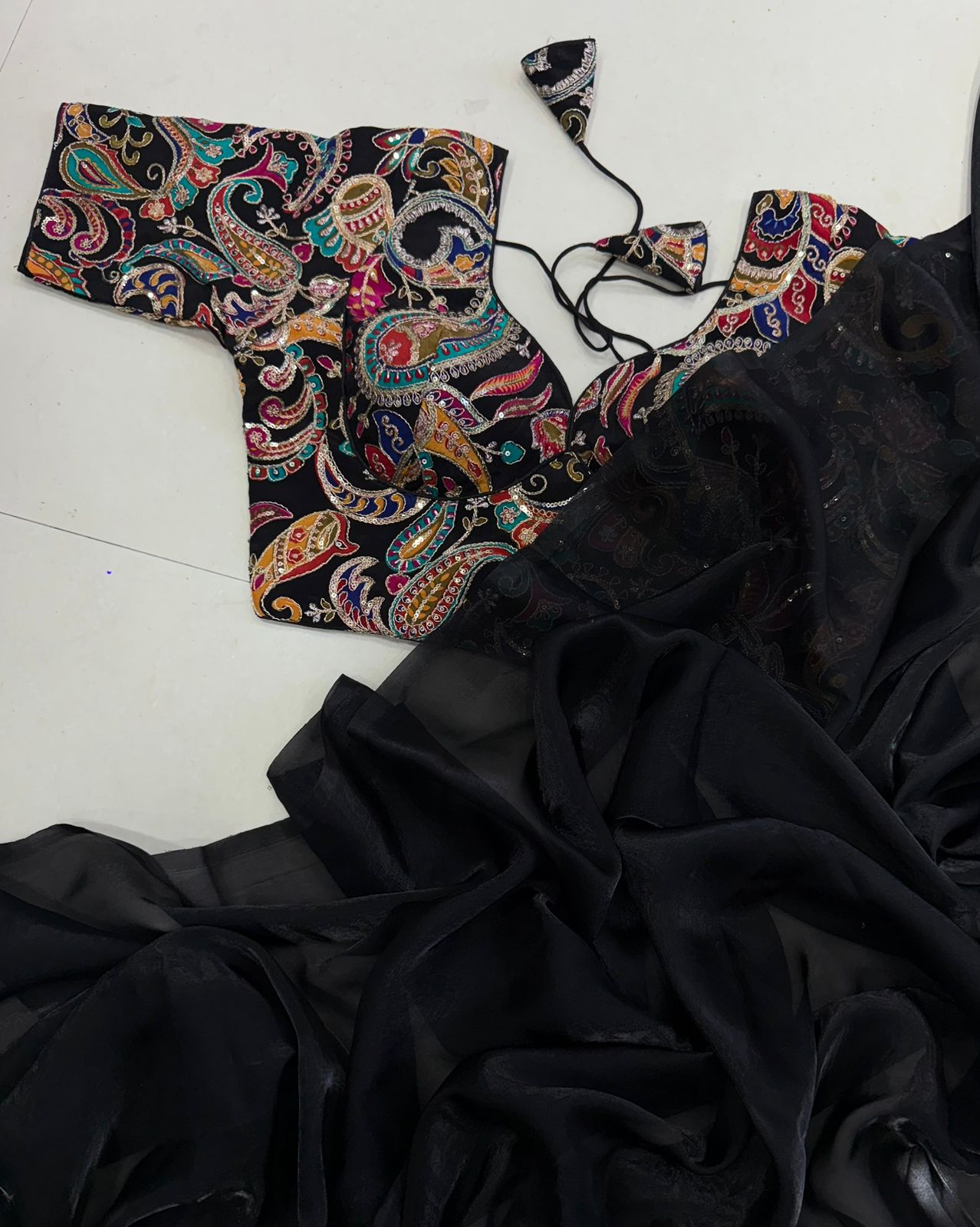 Space satin saree with position work blouse