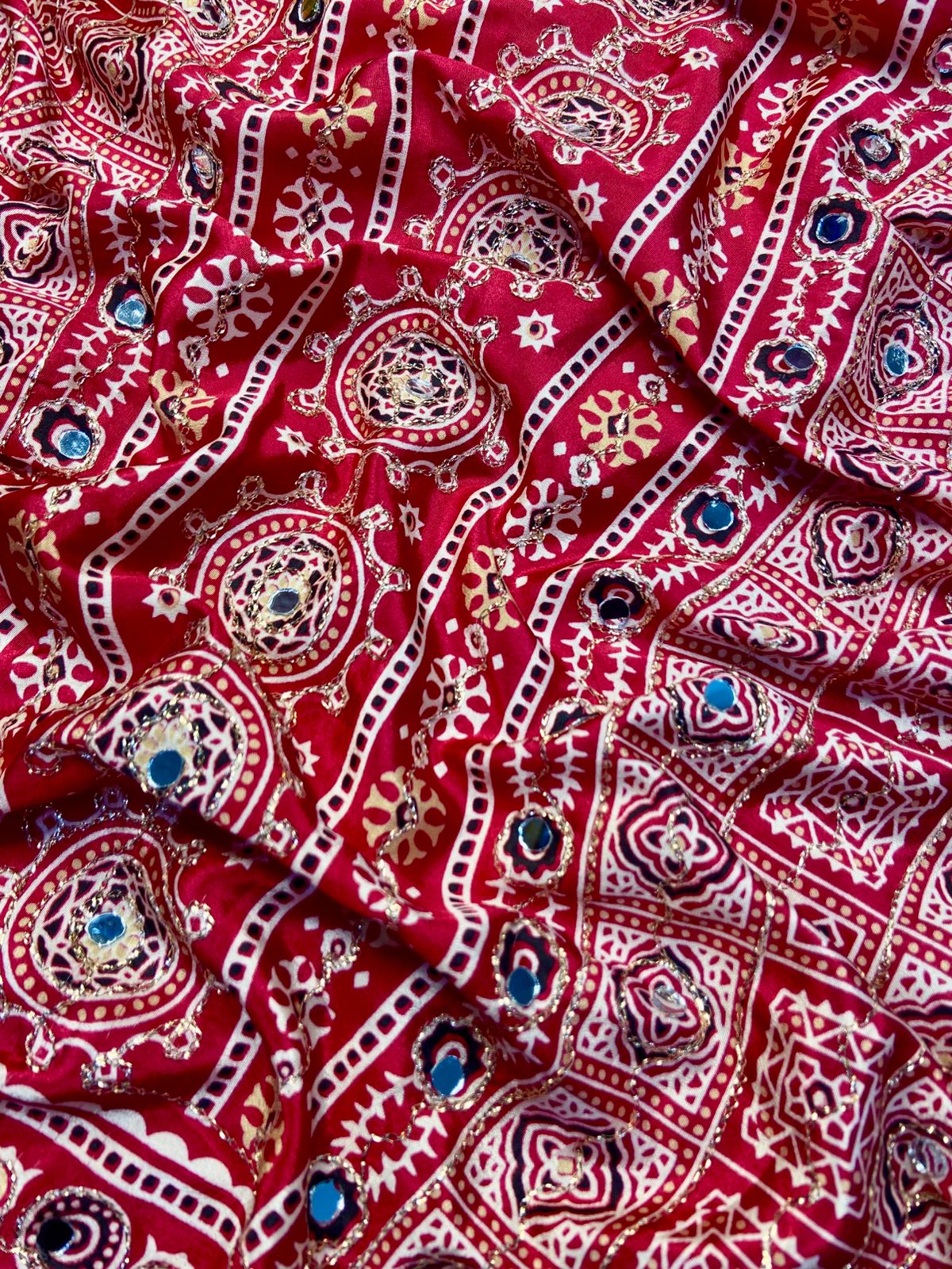 Ajrak model soft crepe silk mirror work saree