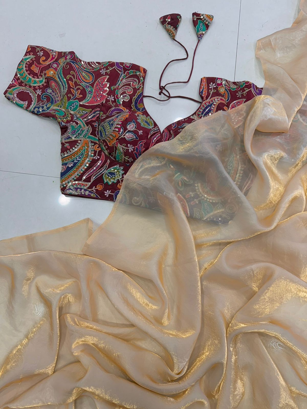 Space satin saree with position work blouse