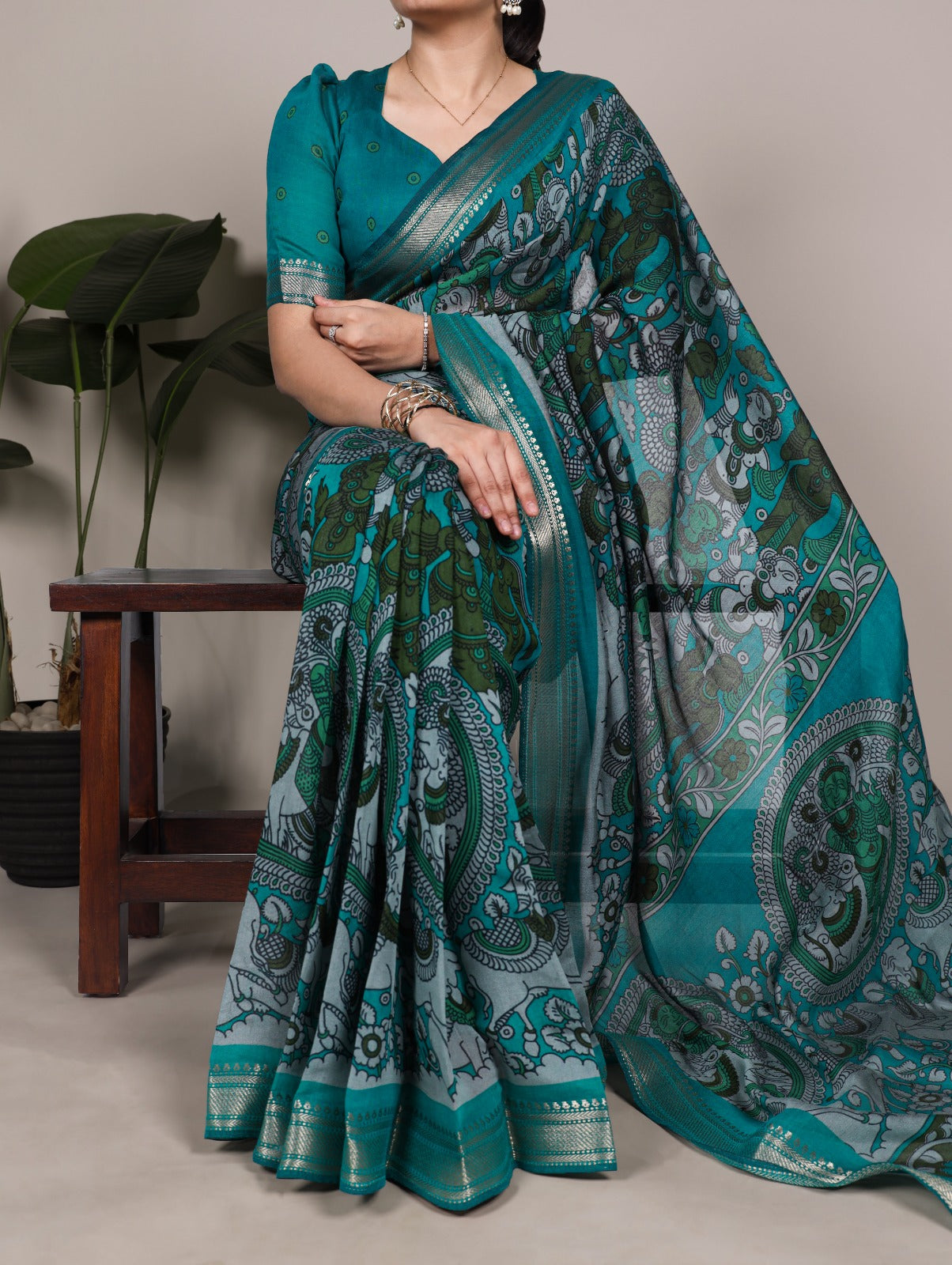 Elegant Kalamkari inspired print chenderi saree