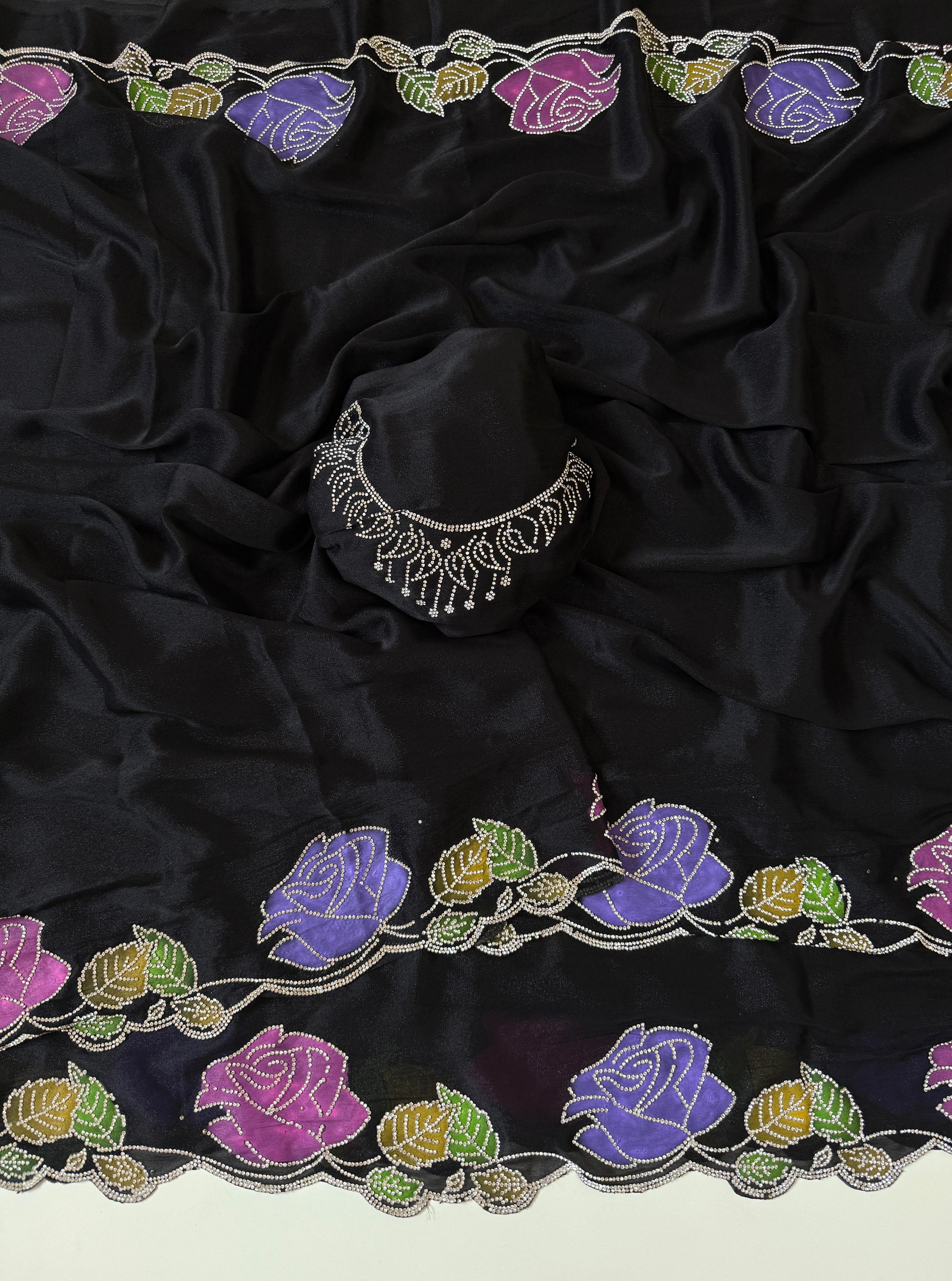 Star georgette hand painted Rose  jarkhana work saree