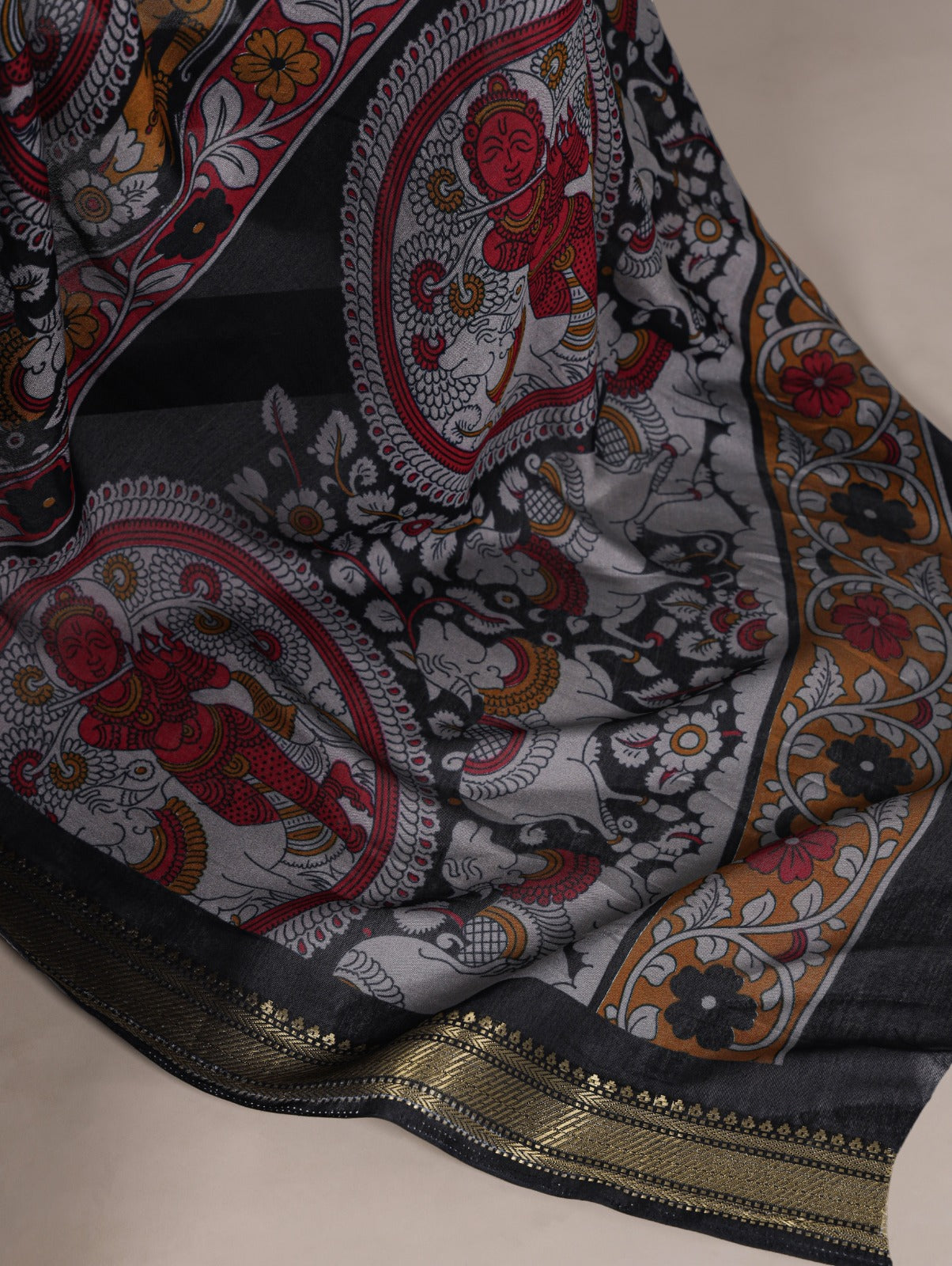 Elegant Kalamkari inspired print chenderi saree