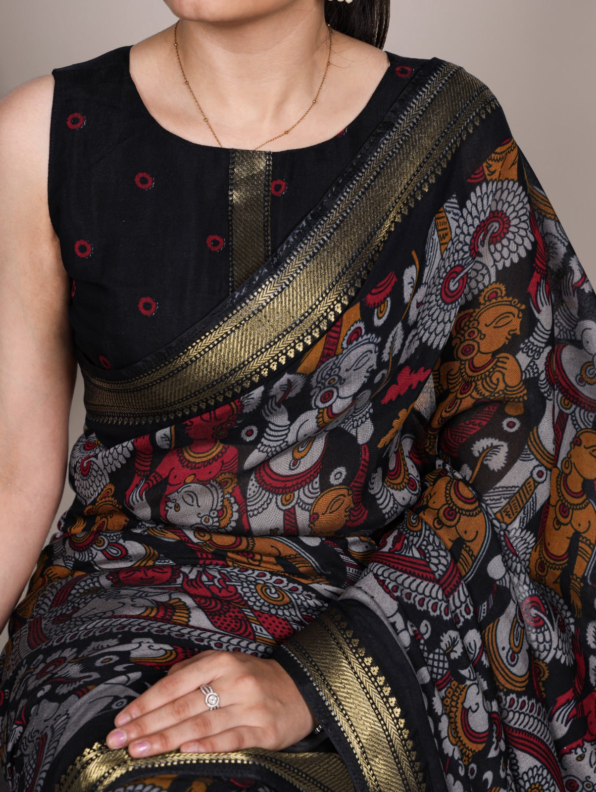 Elegant Kalamkari inspired print chenderi saree