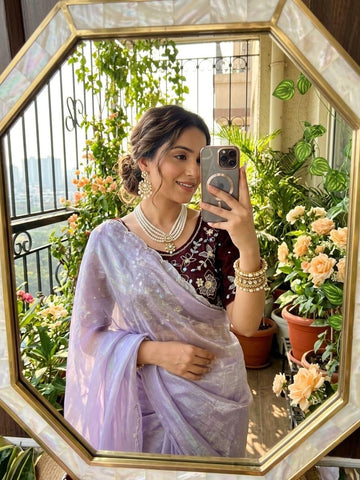 Fendy satin cutdana khatli moti work saree