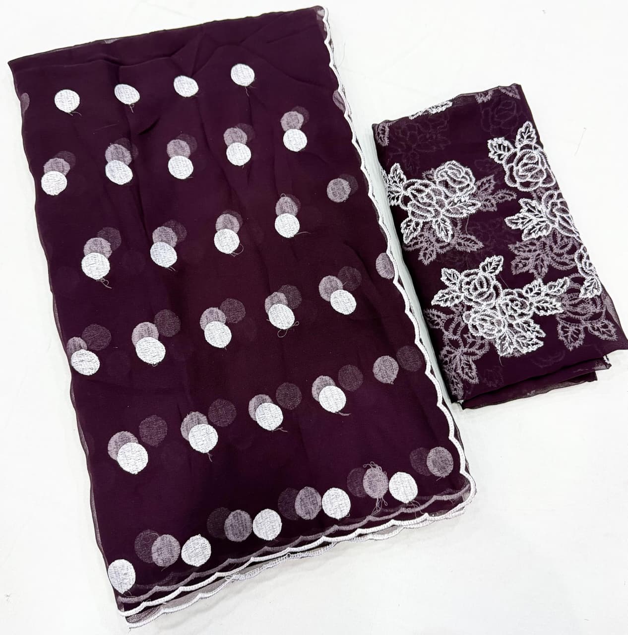polka dot thread work scalp border saree