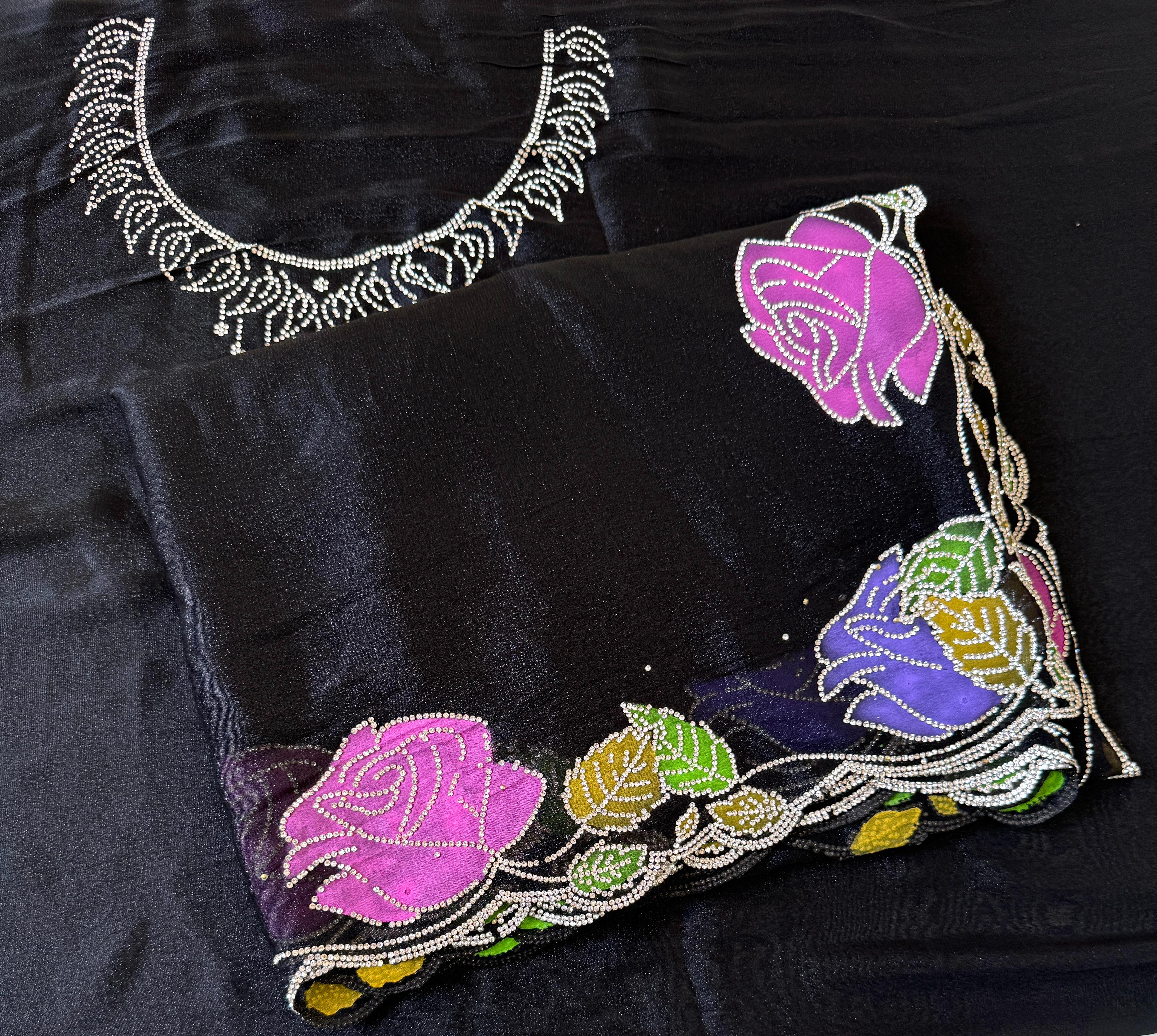 Star georgette hand painted Rose  jarkhana work saree