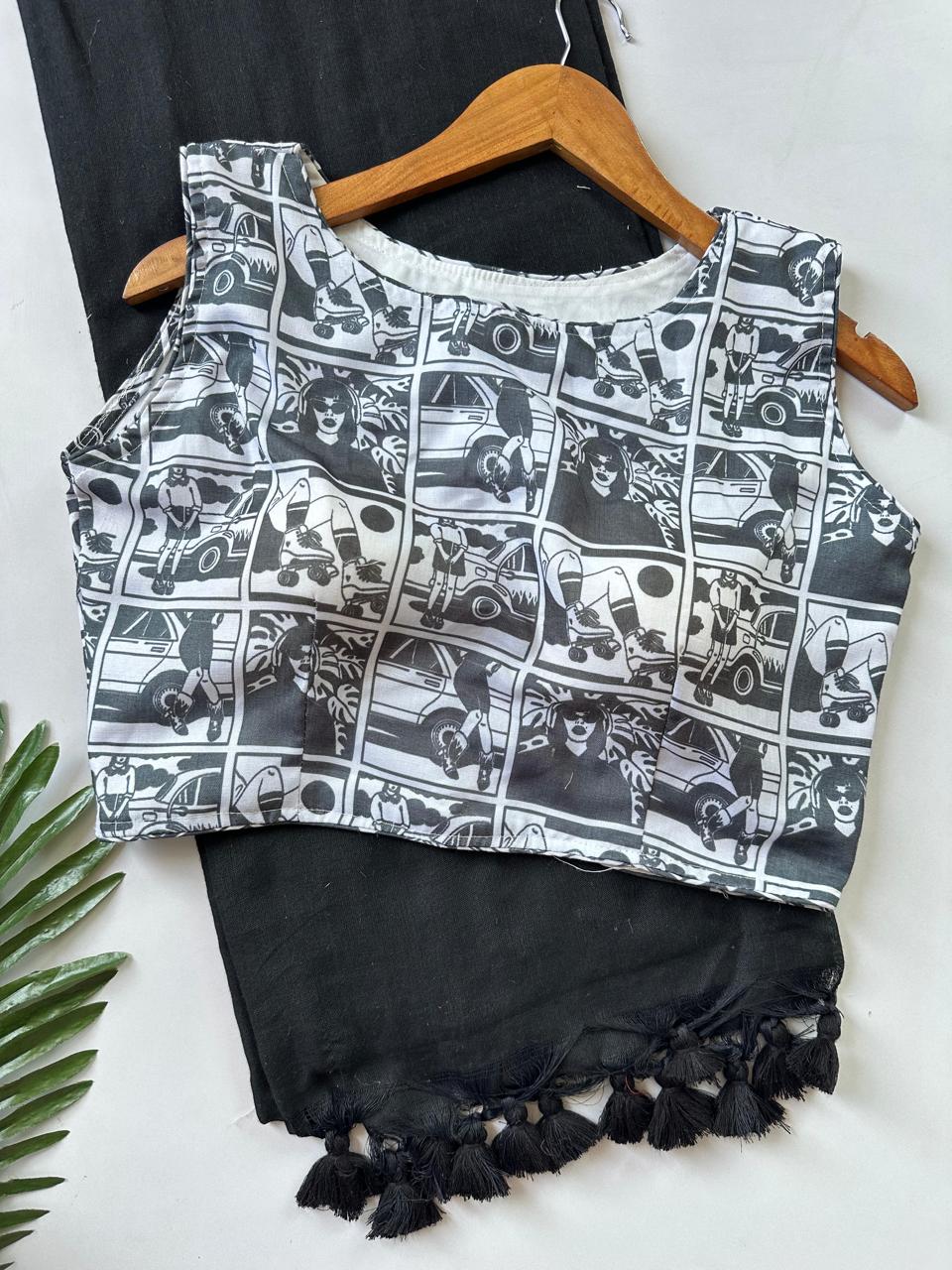 Khadi cotton Saree with mix cotton printed blouse