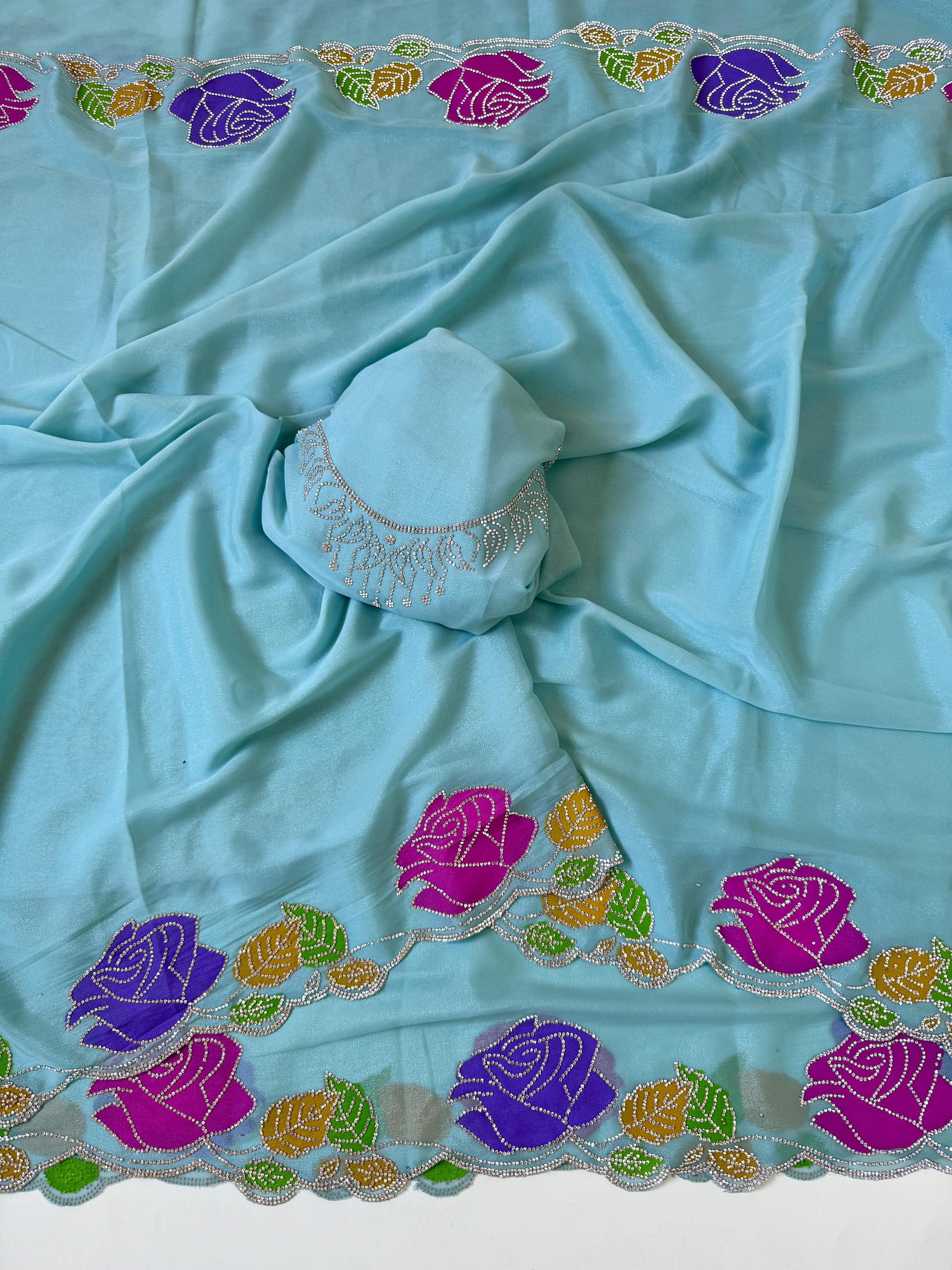 Star georgette hand painted Rose  jarkhana work saree