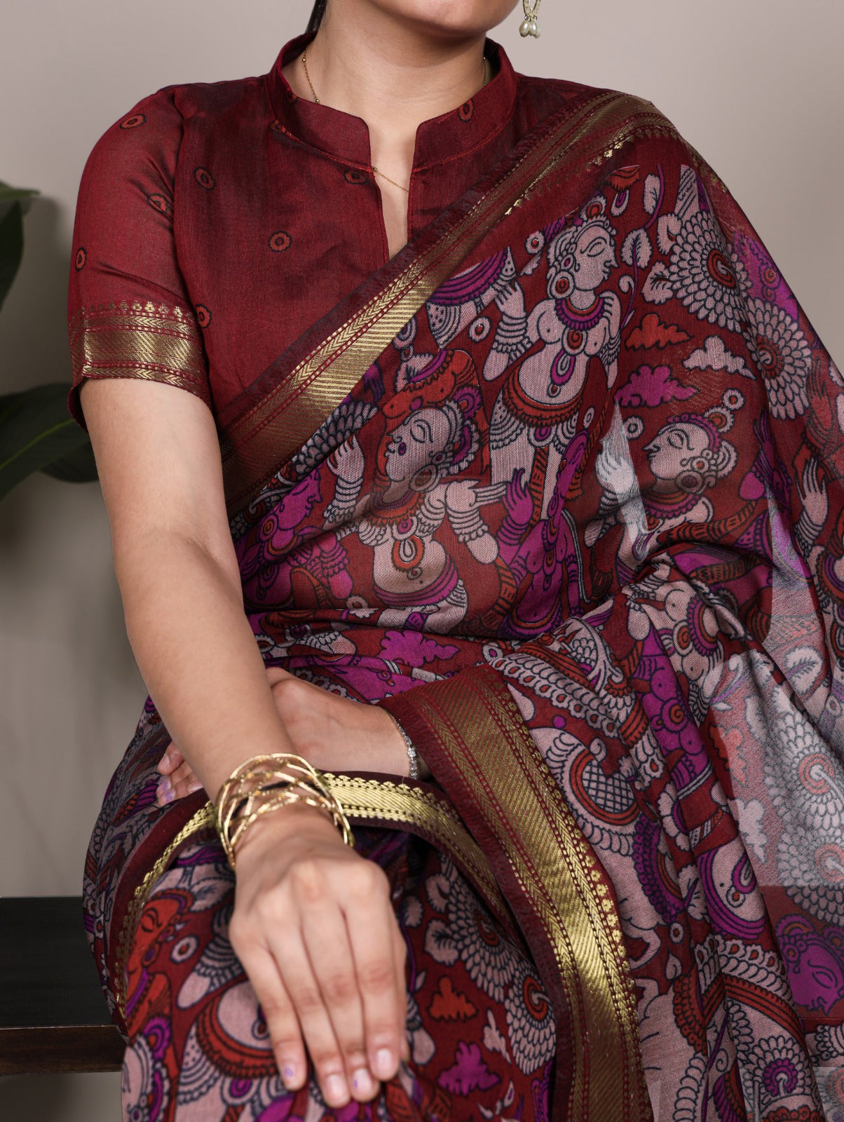 Elegant Kalamkari inspired print chenderi saree