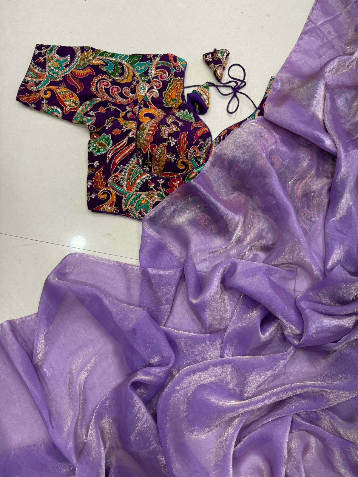 Space satin saree with position work blouse