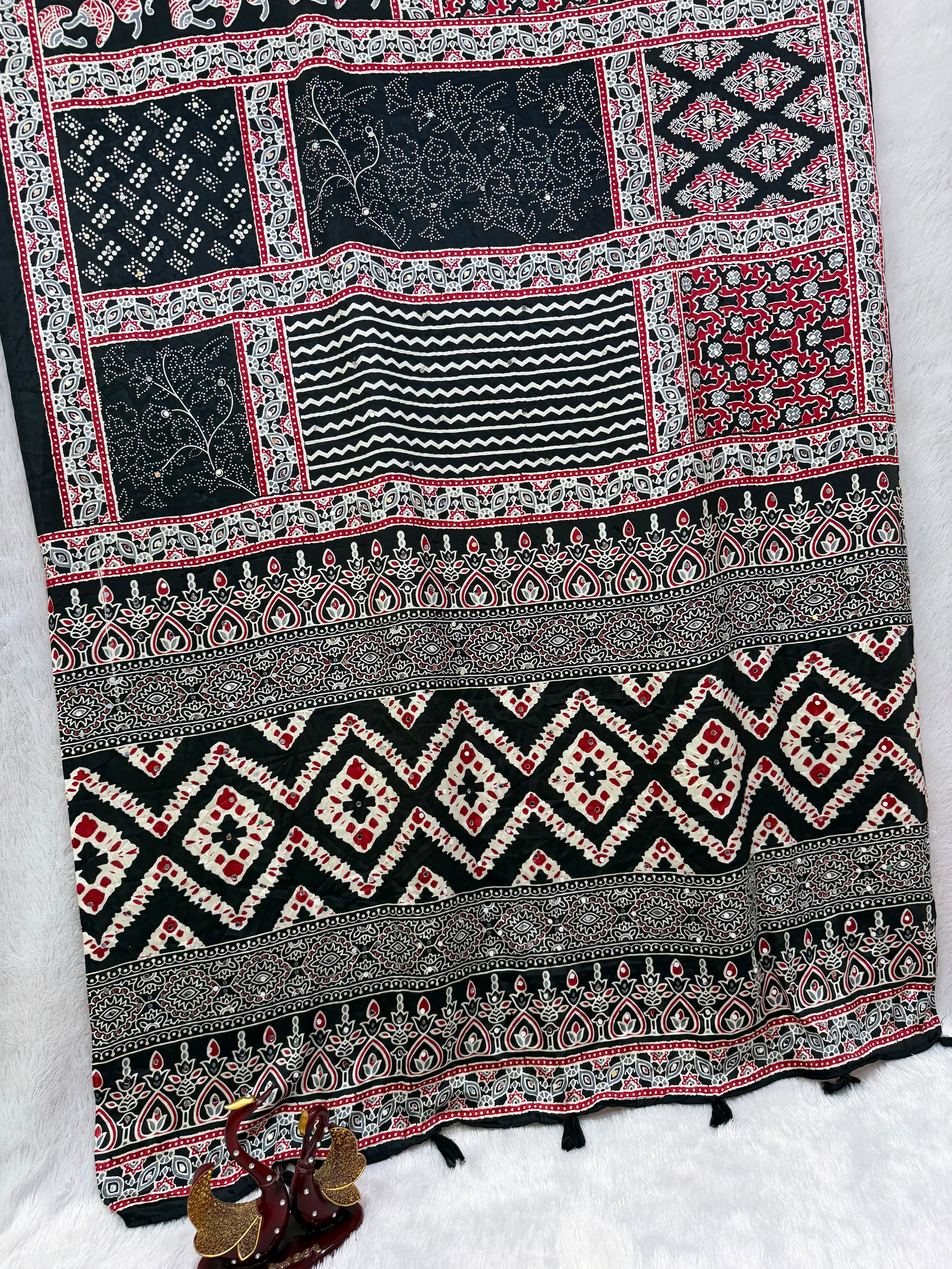 New design Ajrak real mirror work sarees