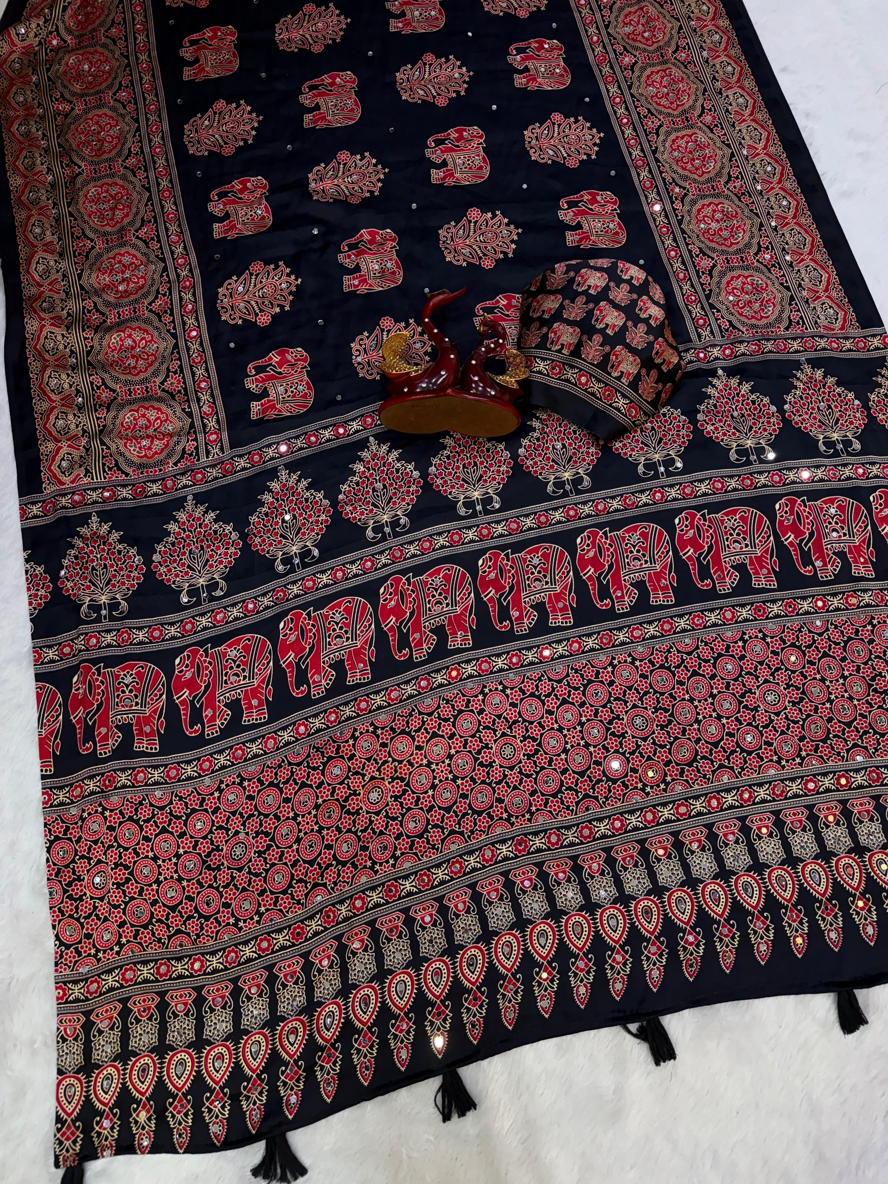 Japan satin beautiful Ajarakh print mirror work saree ✨