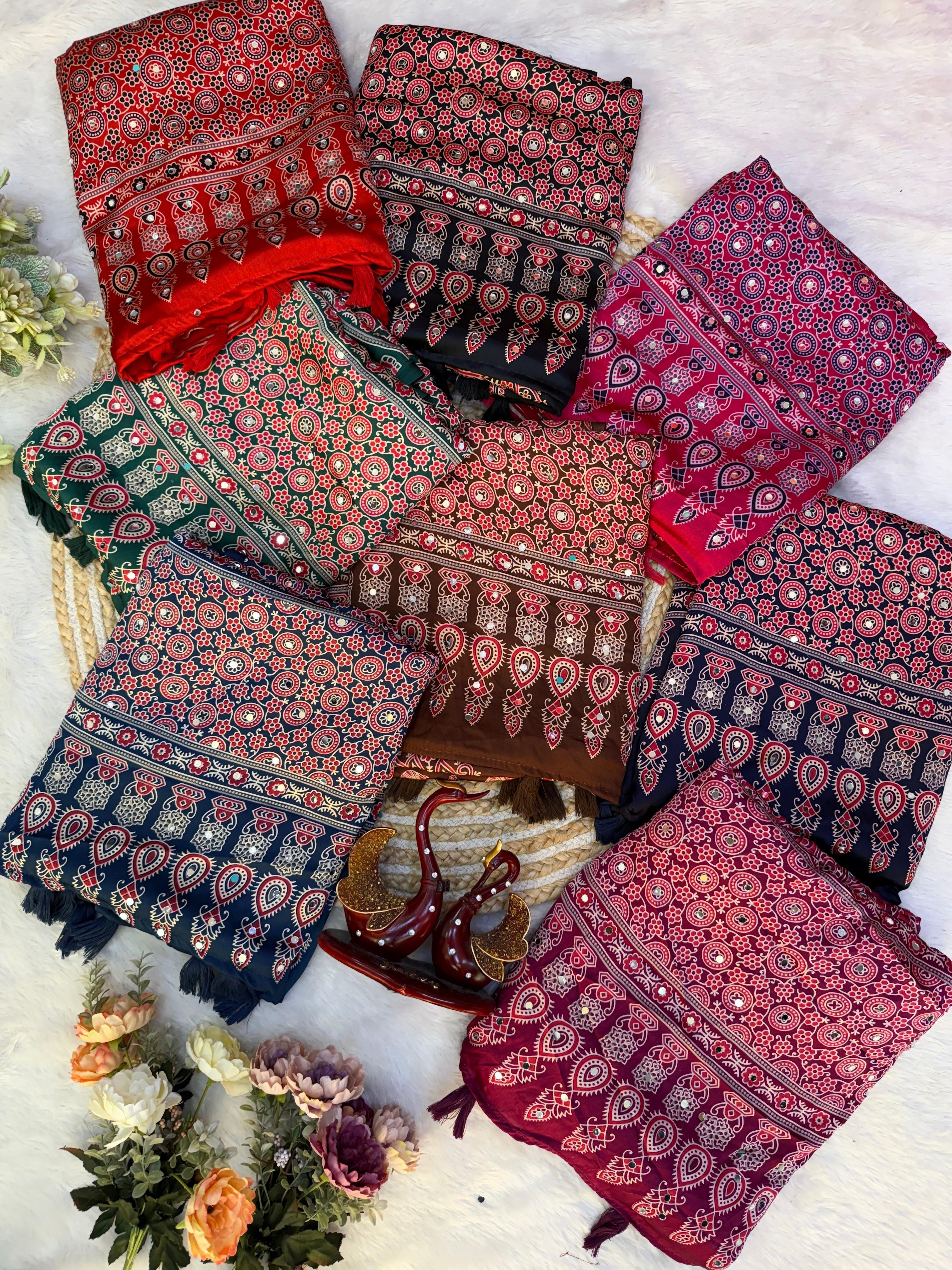 Japan satin beautiful Ajarakh print mirror work saree ✨