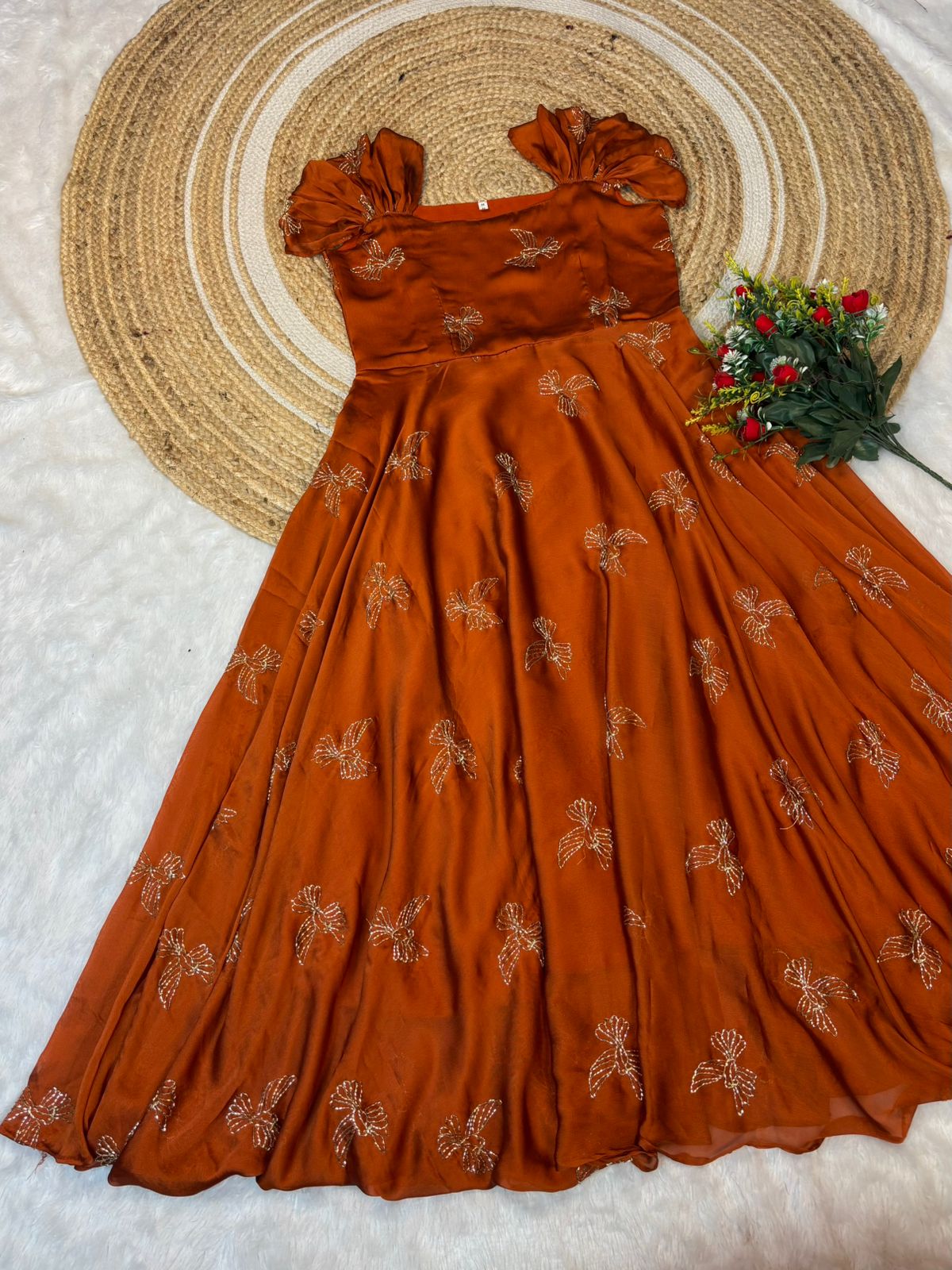 Rangoli silk sparrow beads work gown