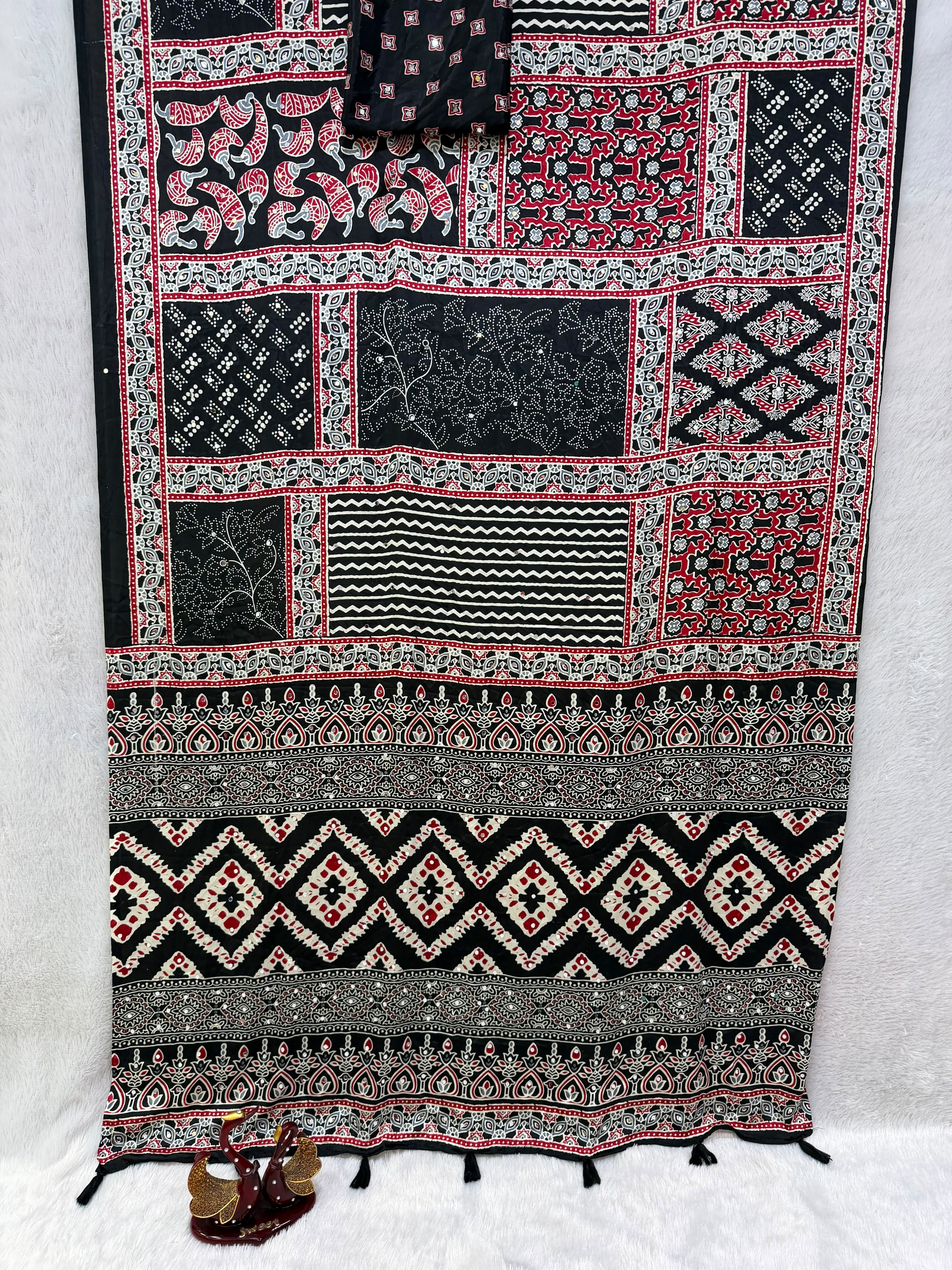 New design Ajrak real mirror work sarees
