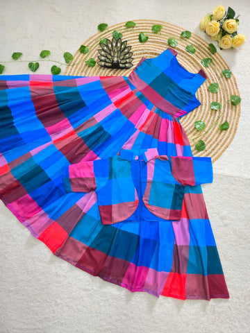 Mul Chanderi Chex printed Midi With Over Coat