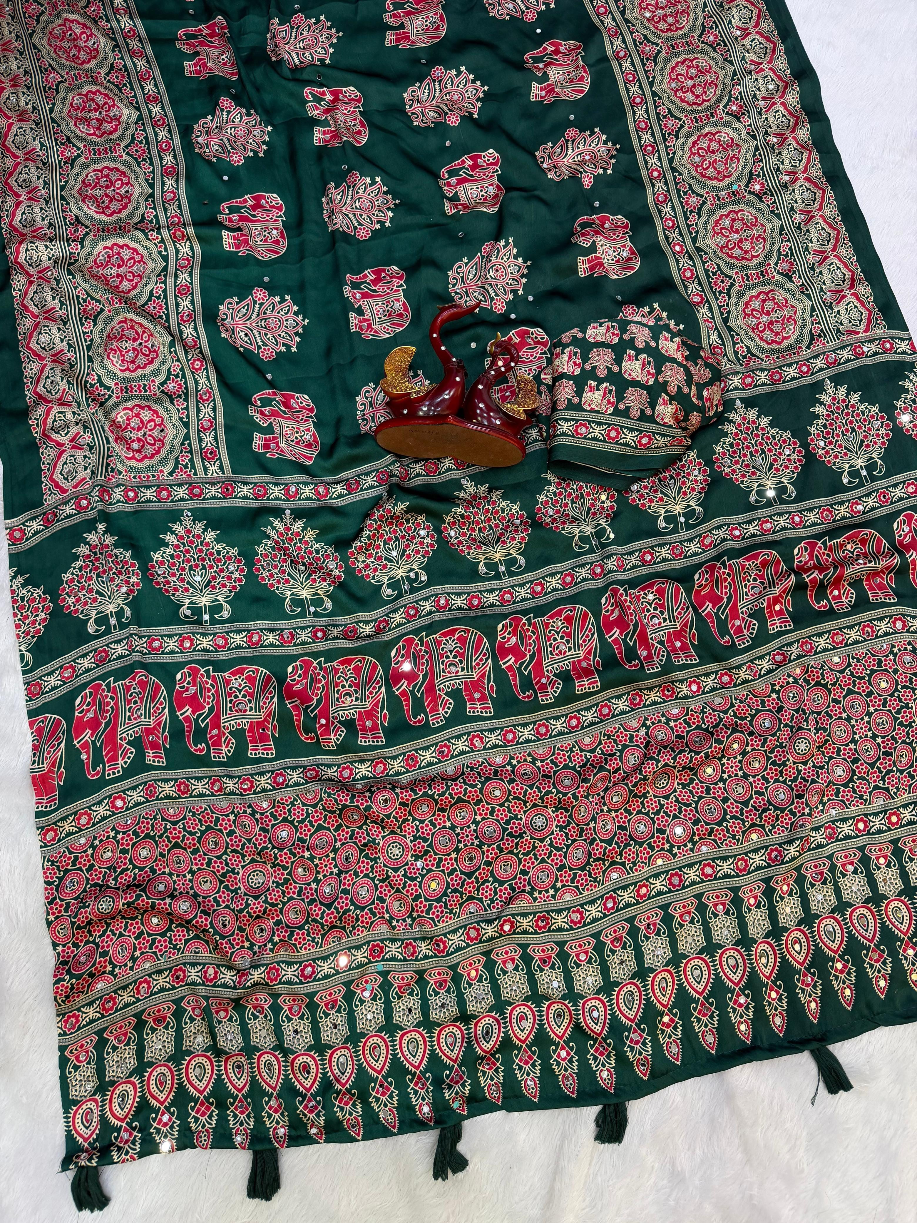 Japan satin beautiful Ajarakh print mirror work saree ✨