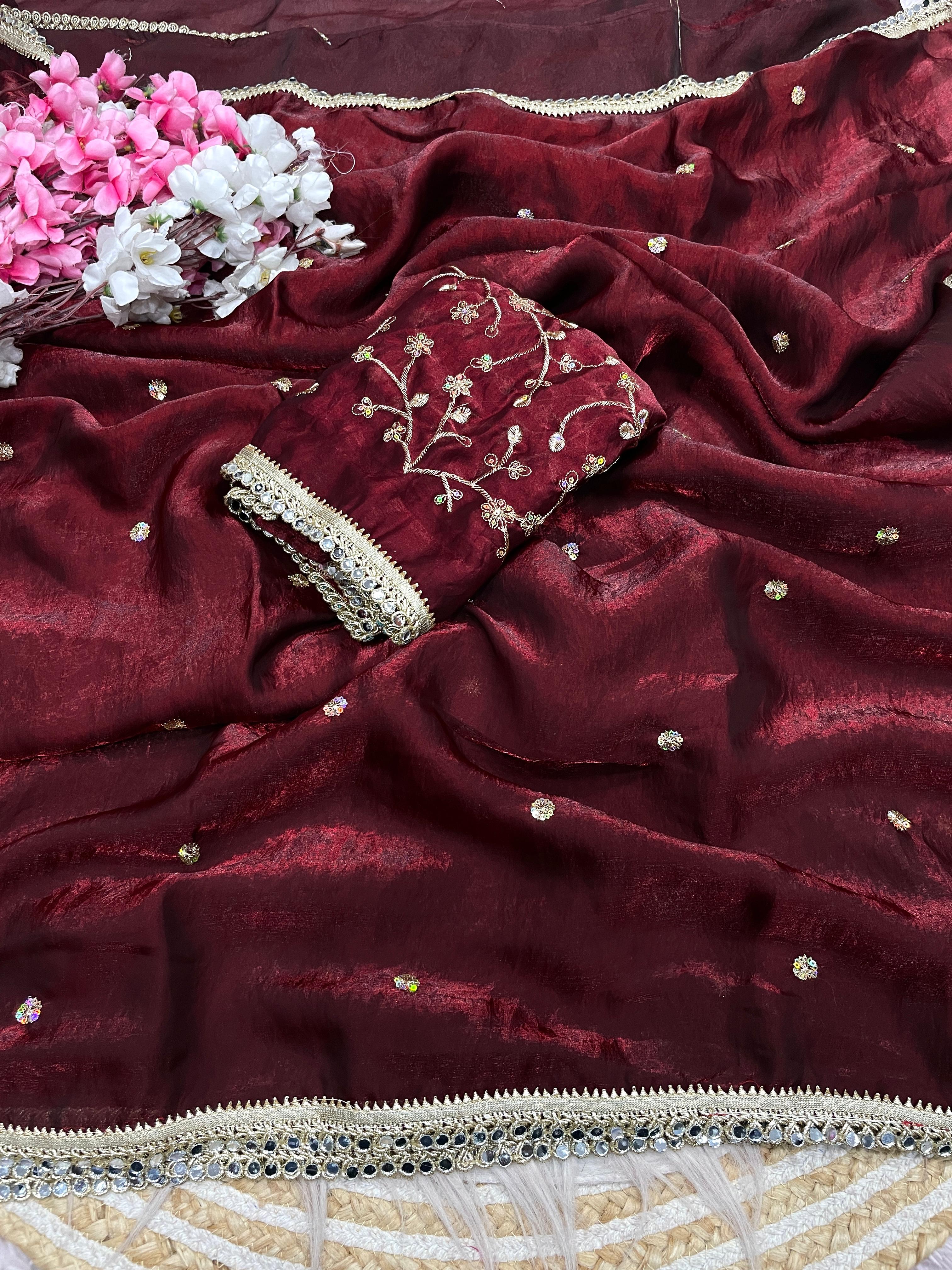 Fandy satin mirror work lace border saree