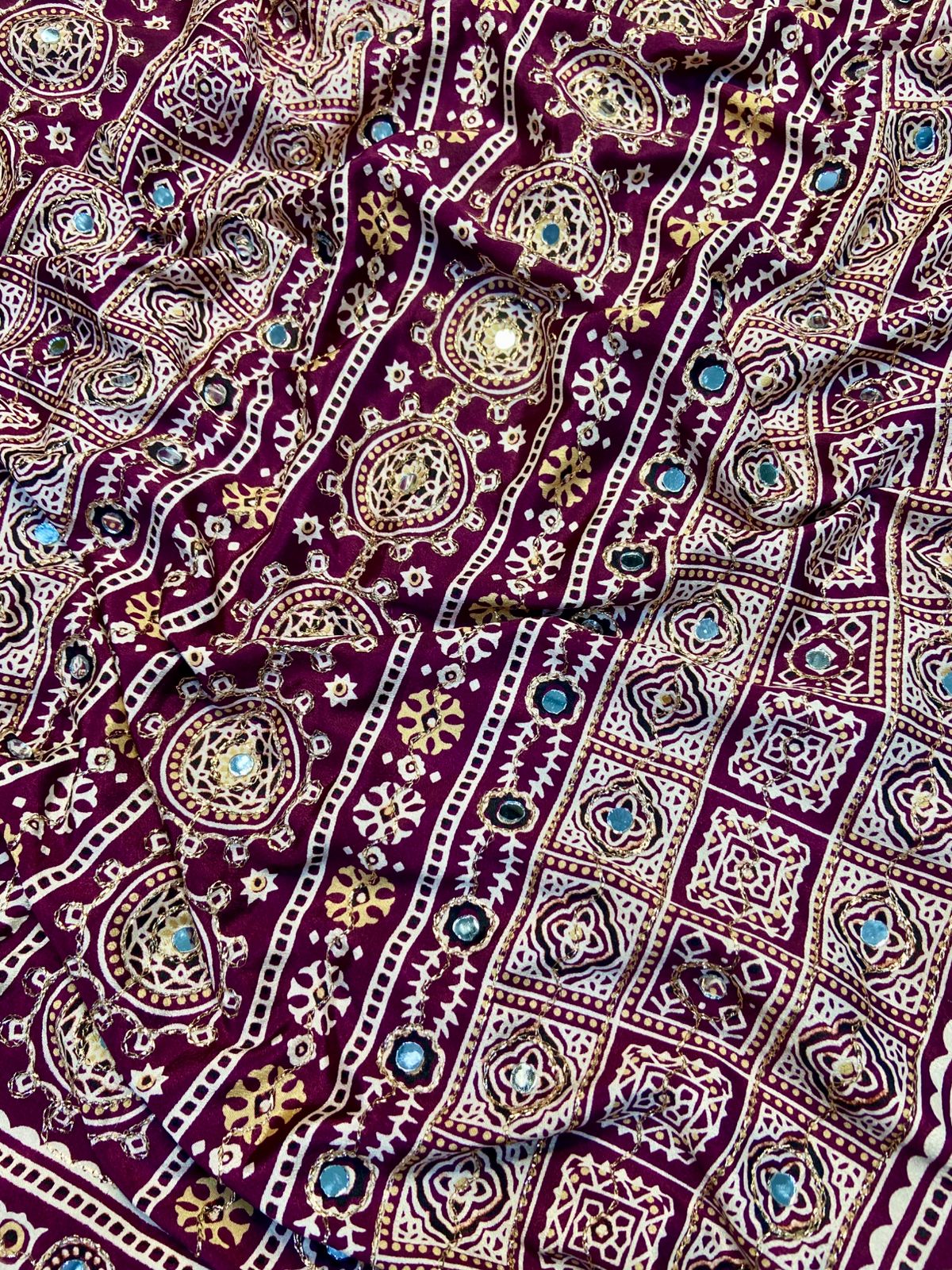 Ajrak model soft crepe silk mirror work saree