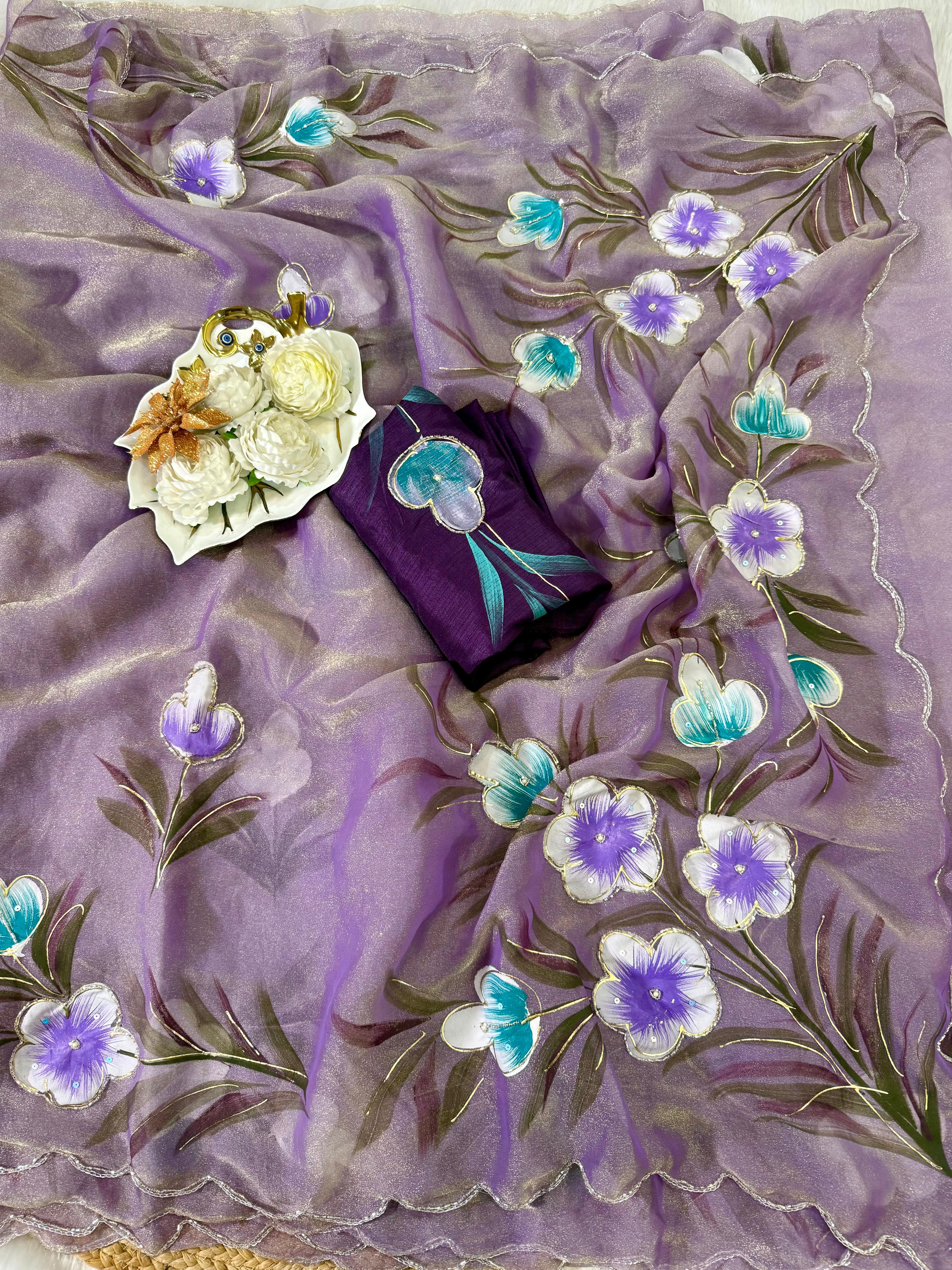 Moss shiffon hand brush flower paint saree