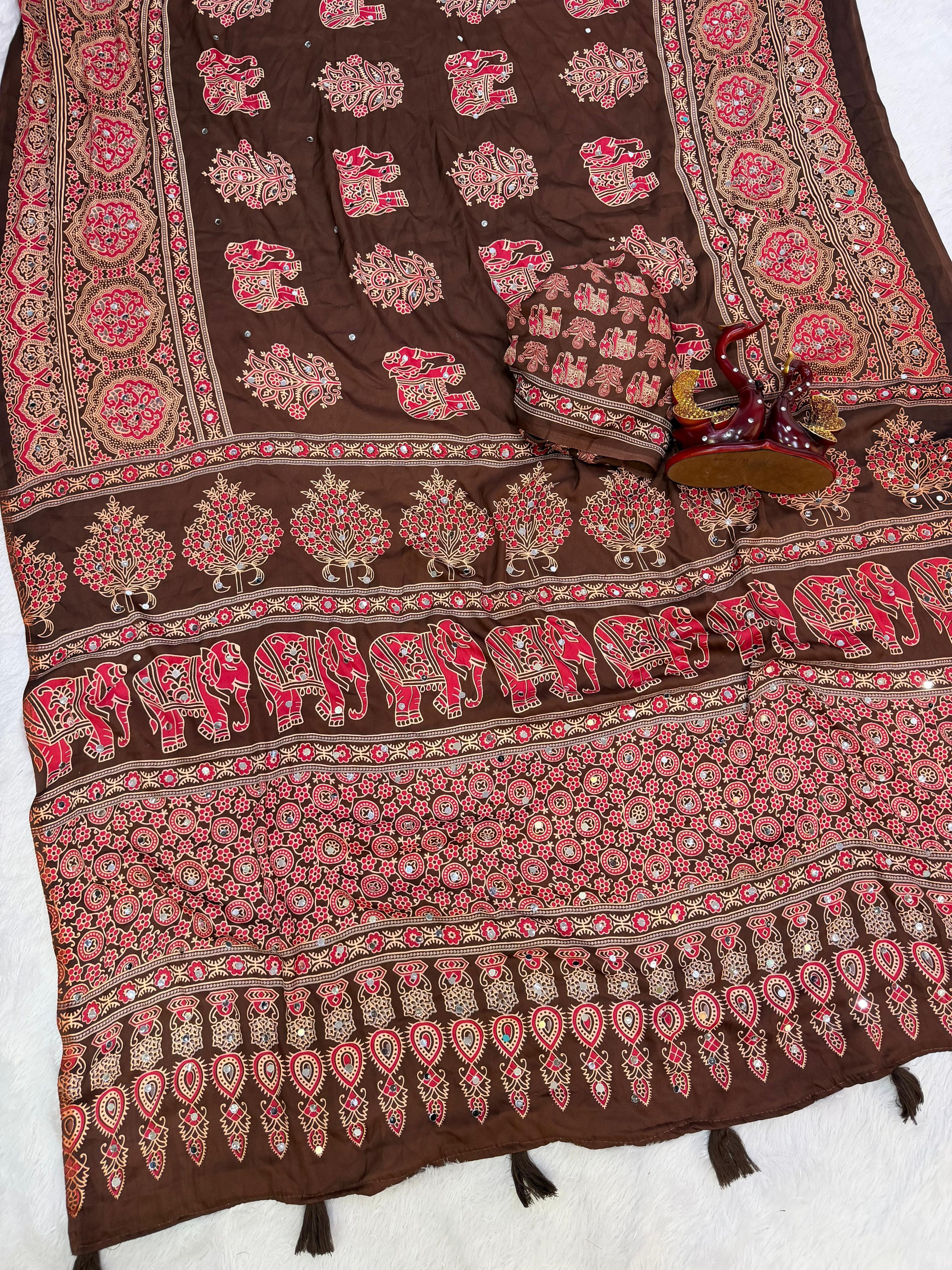 Japan satin beautiful Ajarakh print mirror work saree ✨