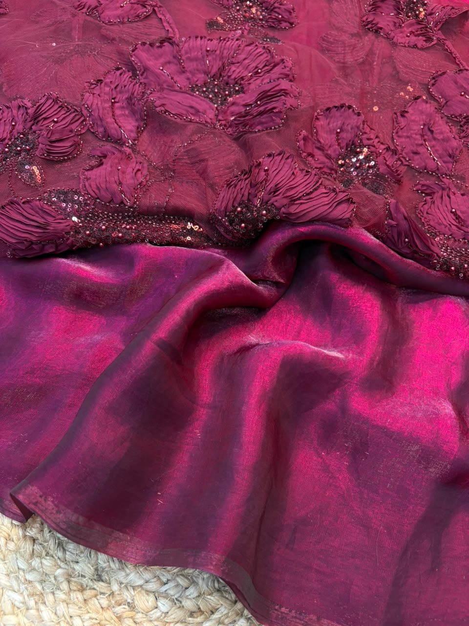 Ribbon beads work blouse designer saree