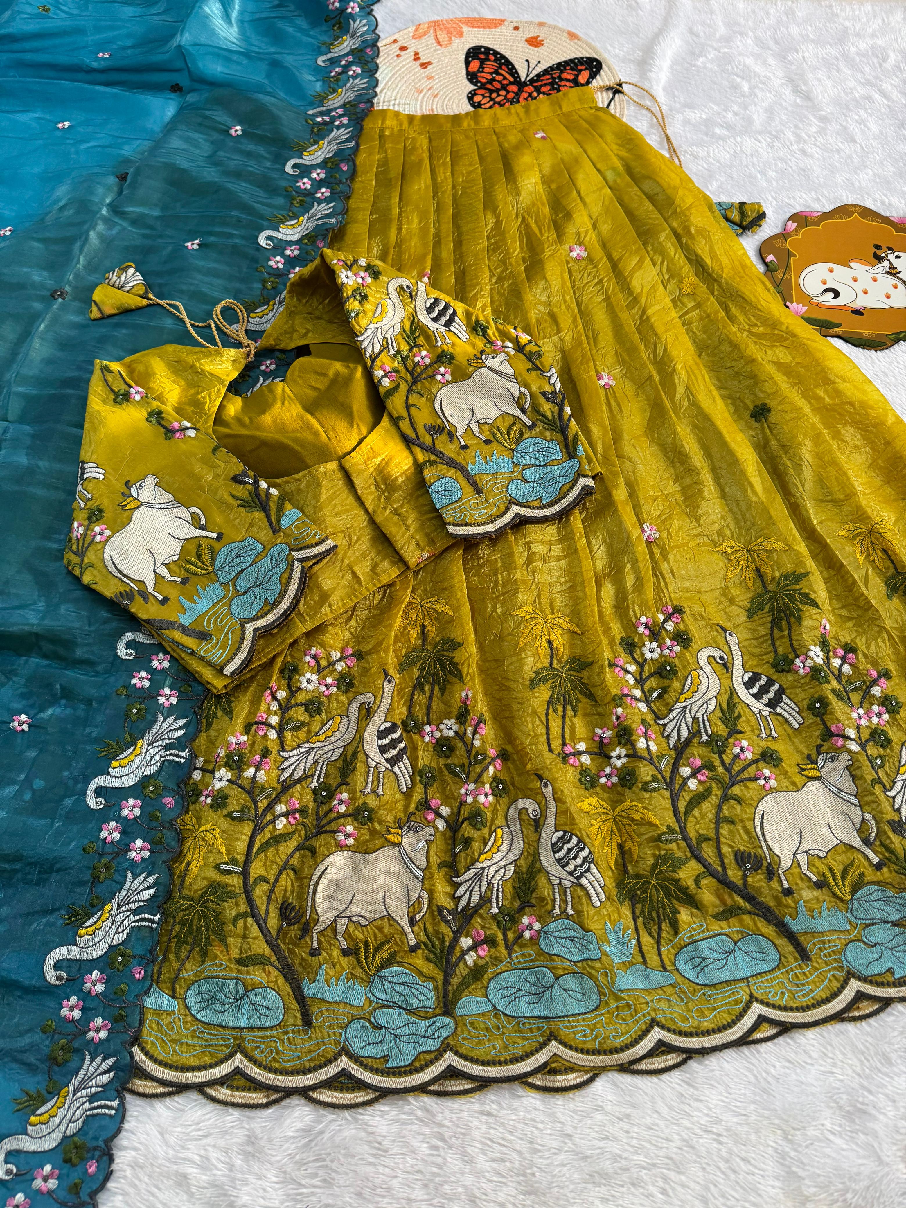 Pichwai embroidery crush silk lehenga