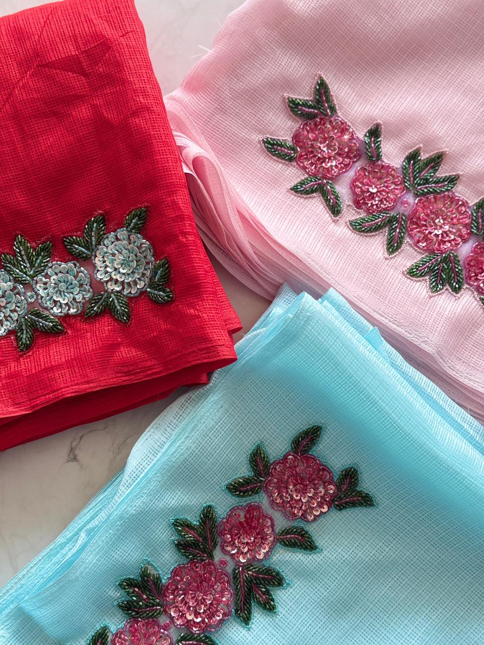 Premium kota Doria saree with hand cut Dana work