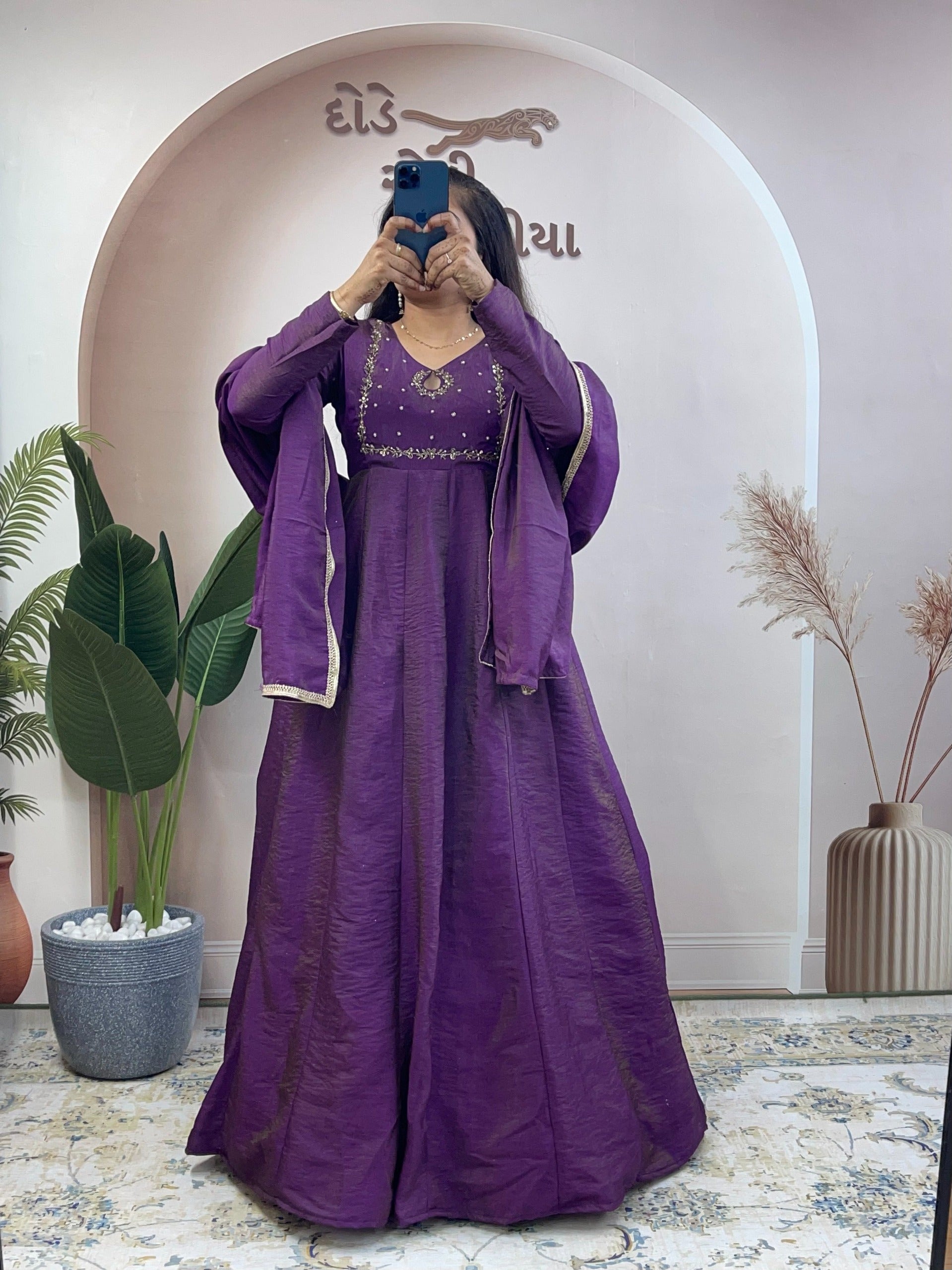 vichithra silk hand work gown with duppatta