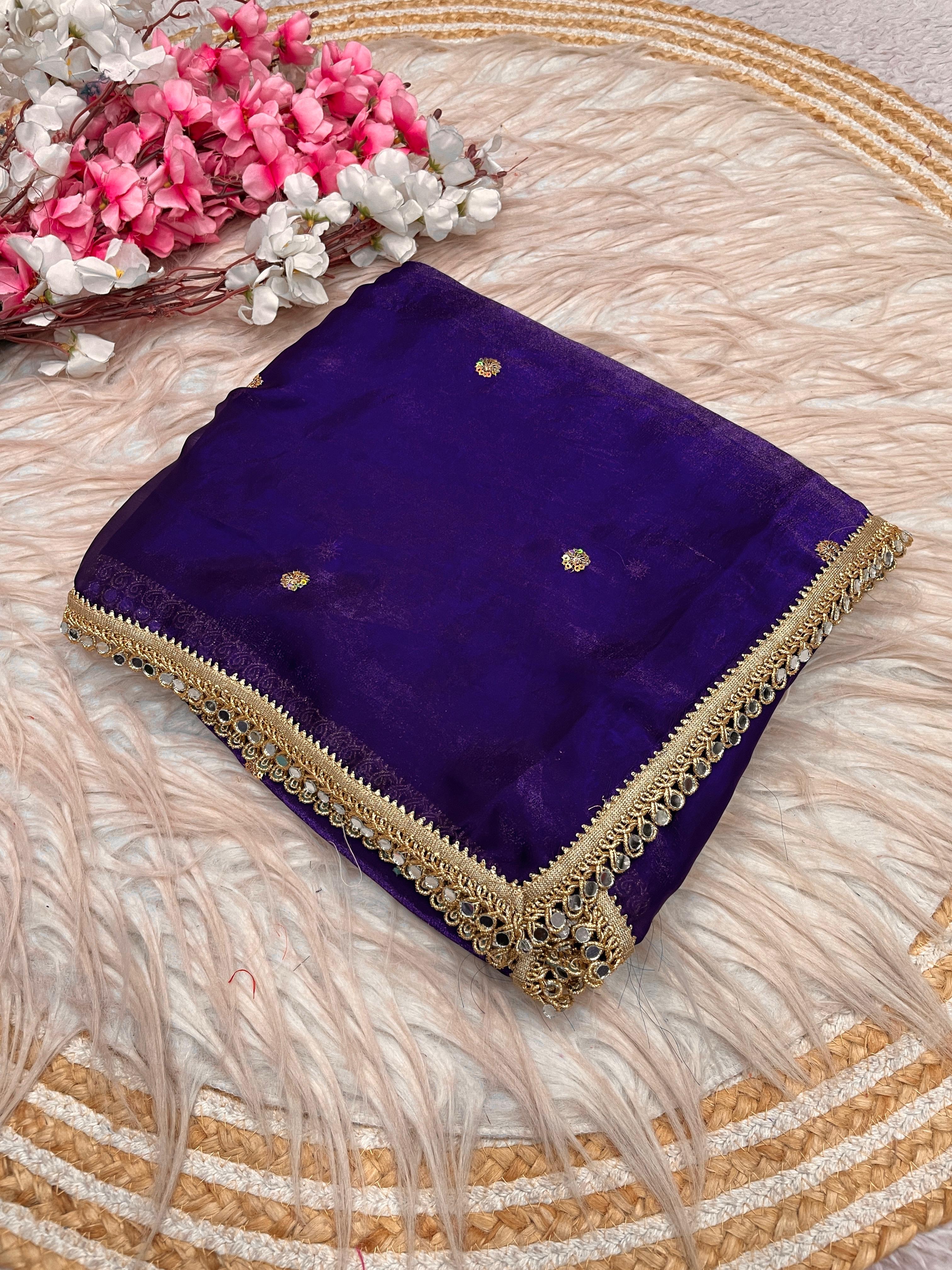 Fandy satin mirror work lace border saree