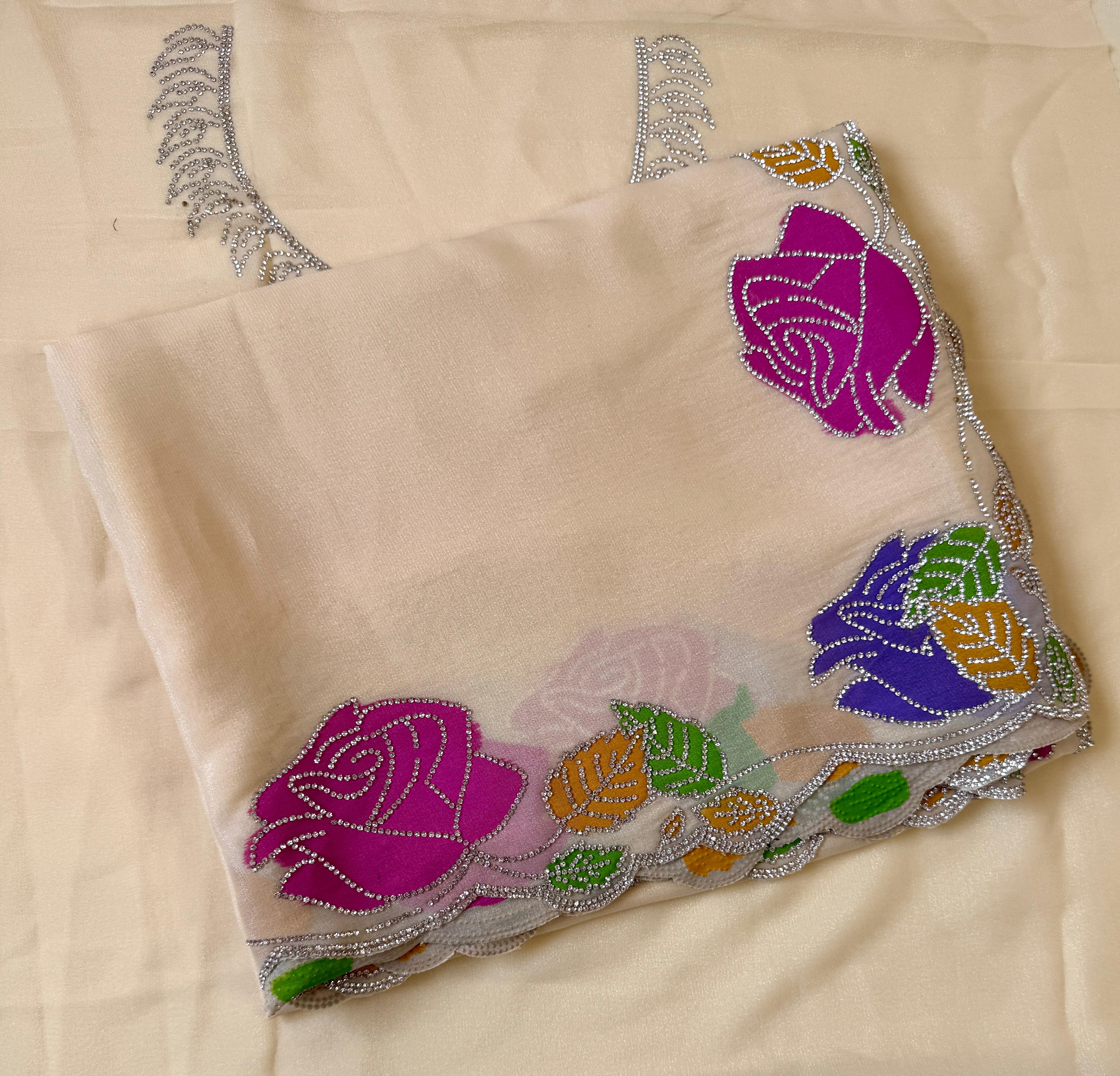 Star georgette hand painted Rose  jarkhana work saree