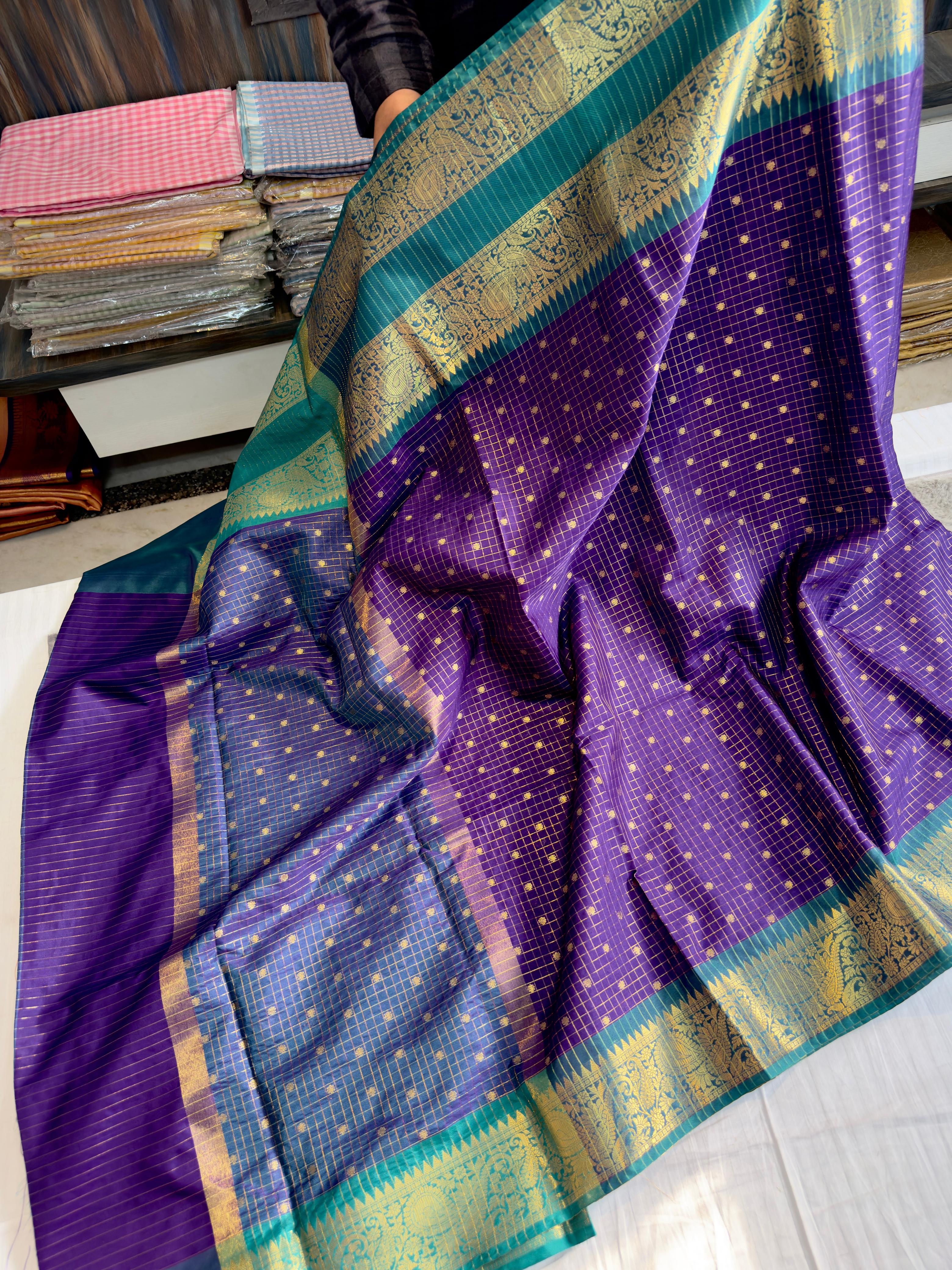 Benaresi soft silk checks buti weaving saree